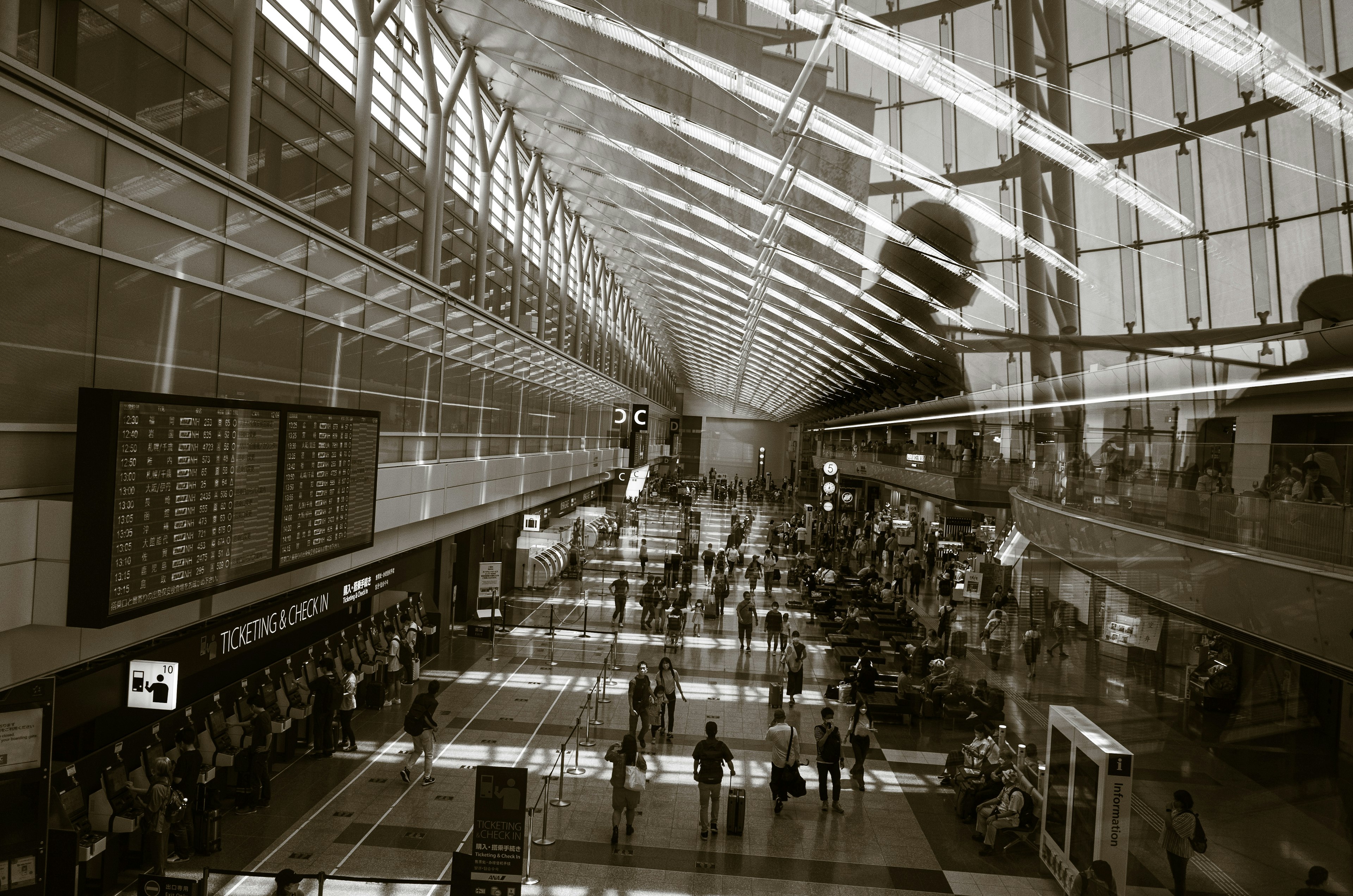 Vista interna di un grande aeroporto con persone in movimento sotto un'architettura in vetro luminosa