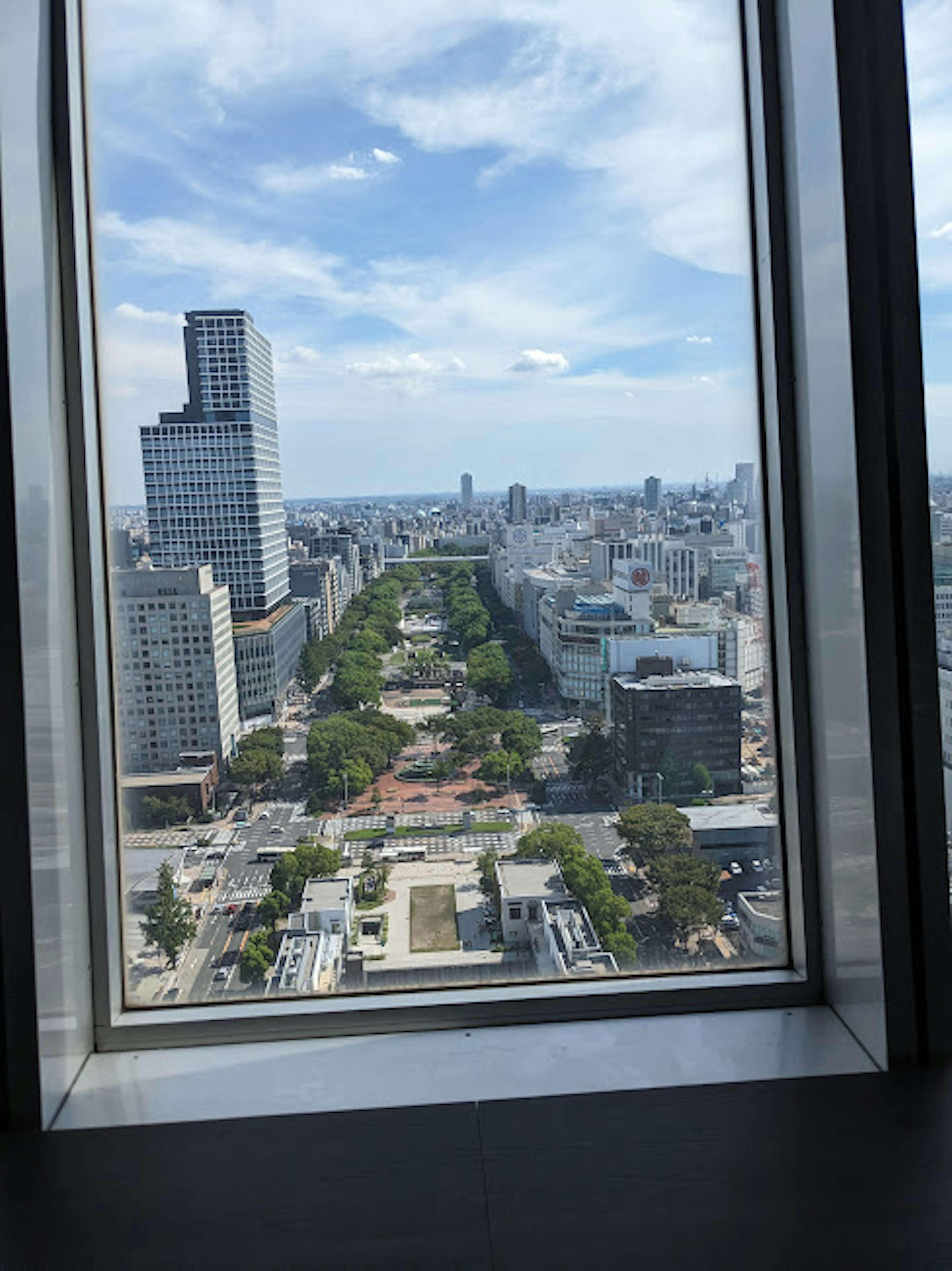 Blick auf einen grünen Park und die Stadt von einem Gebäude in Tokio