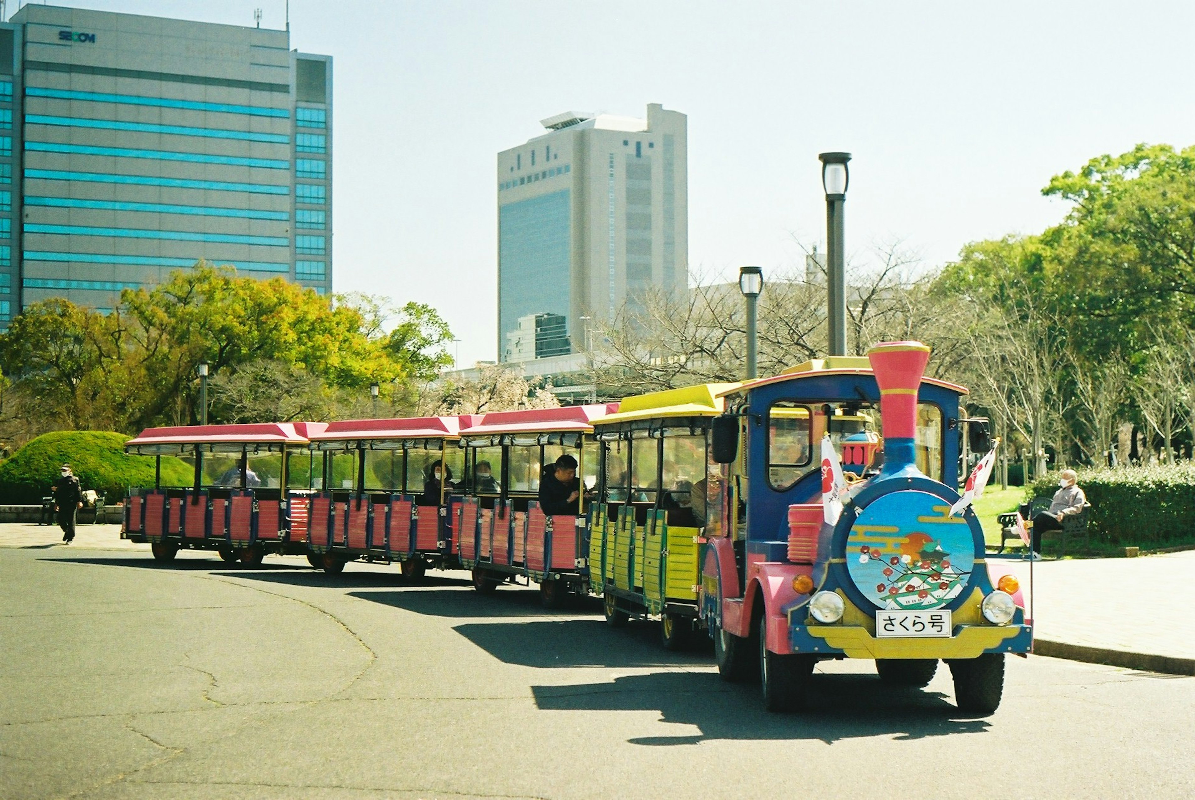 Tren turístico colorido que viaja por un camino del parque