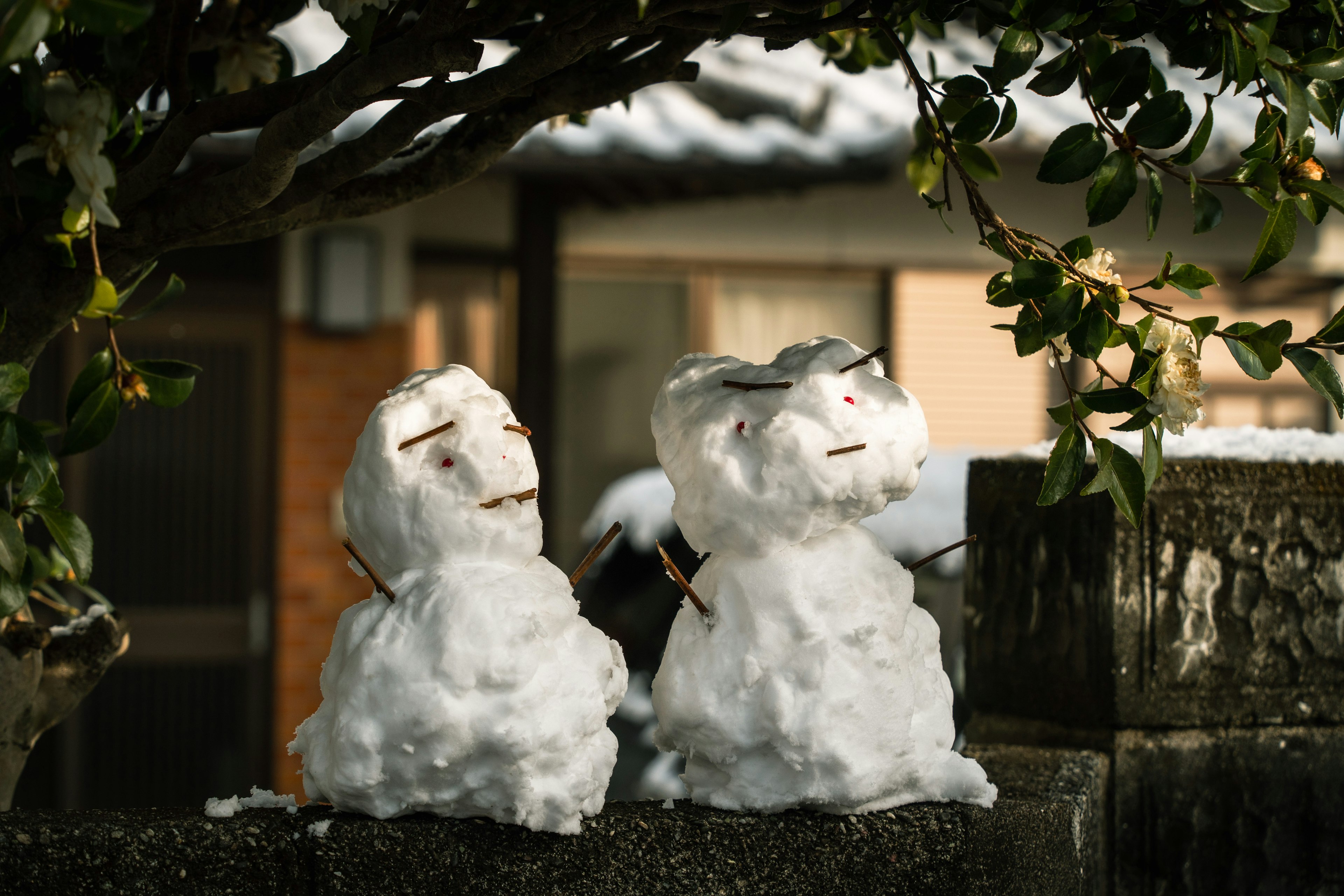 Two snowmen sitting on a wall under a tree