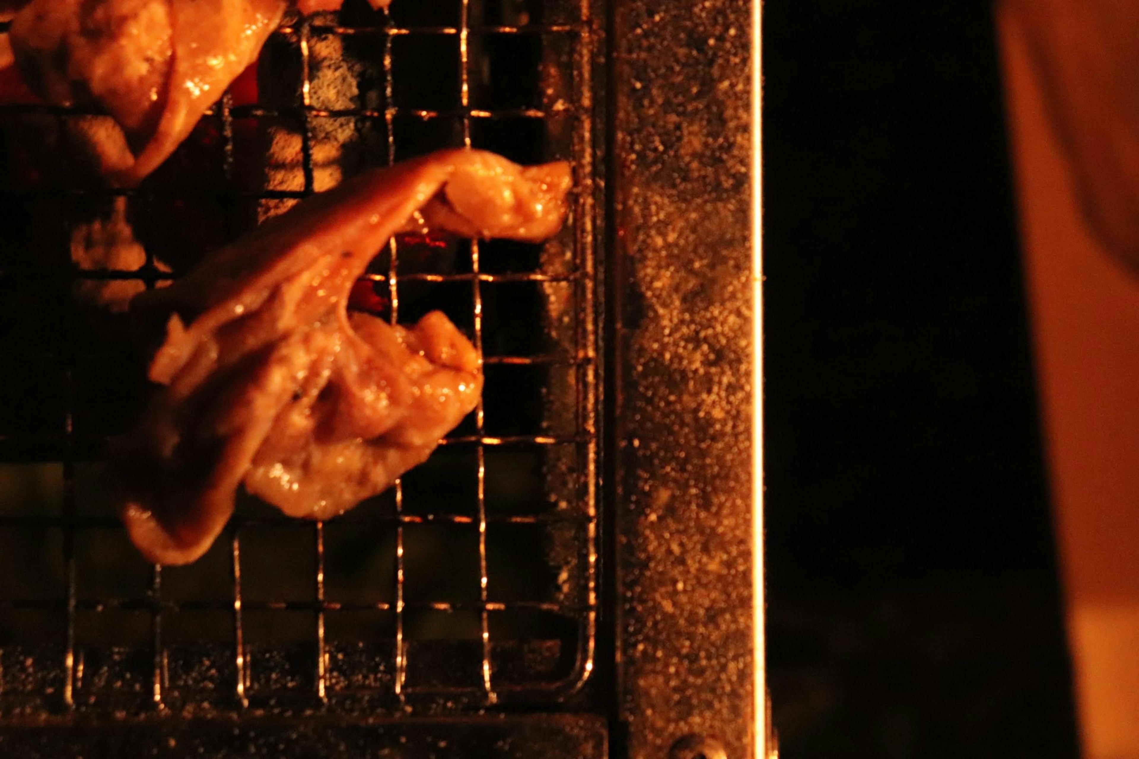 Grilled meat on a wire rack with warm lighting