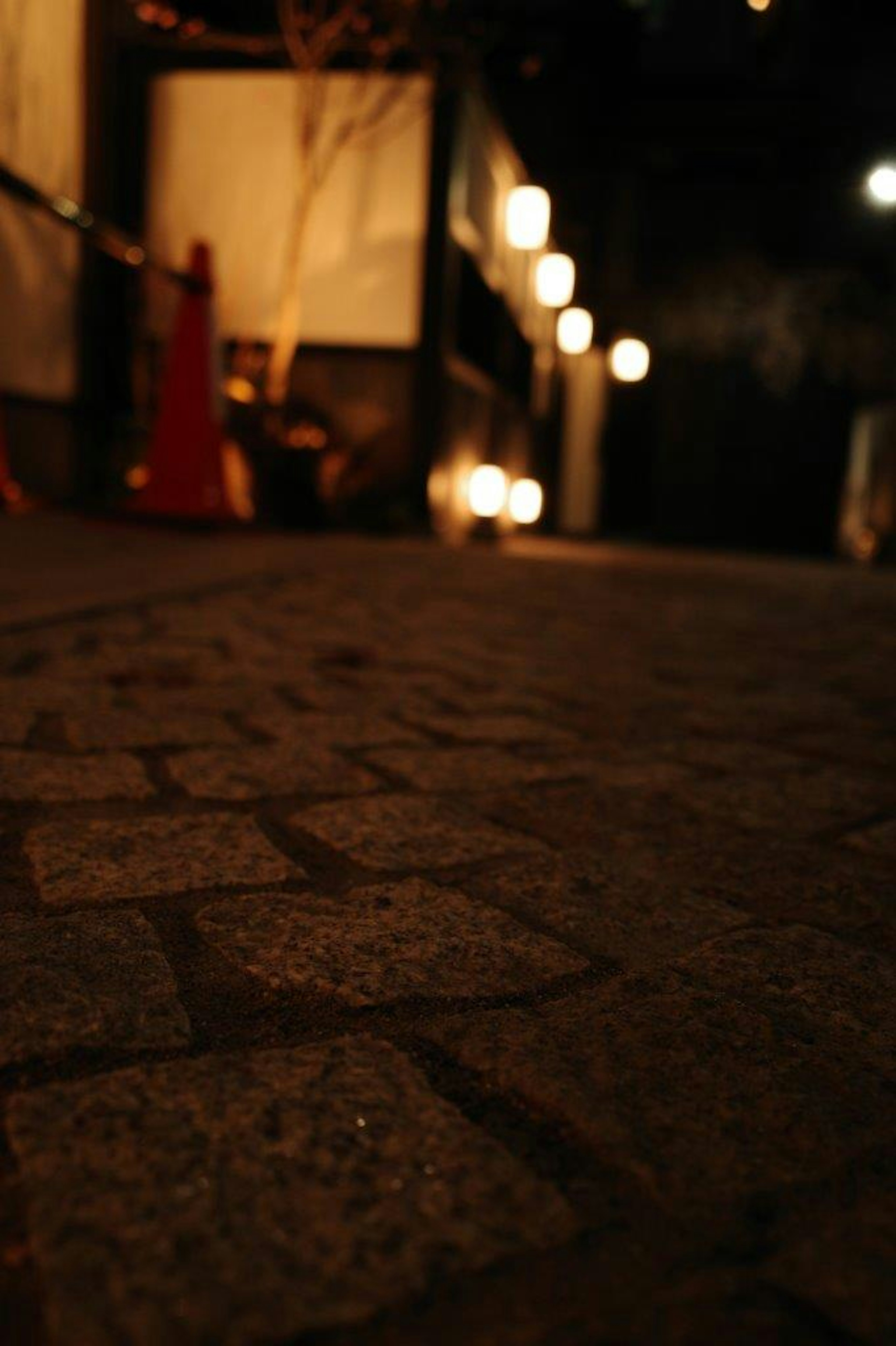 Scène nocturne avec chemin en pavés et éclairage doux