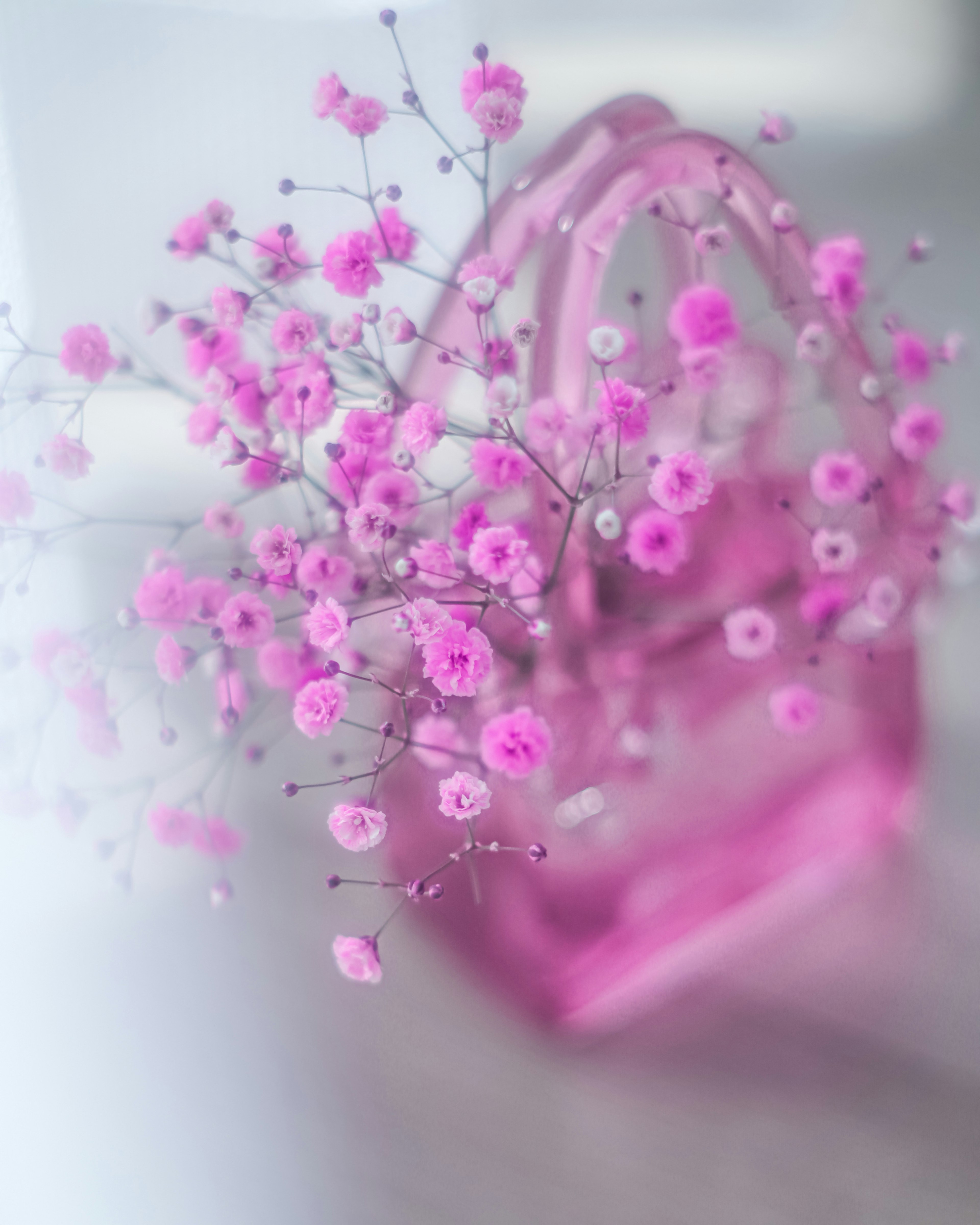 Soft image of a pink handbag adorned with small flowers