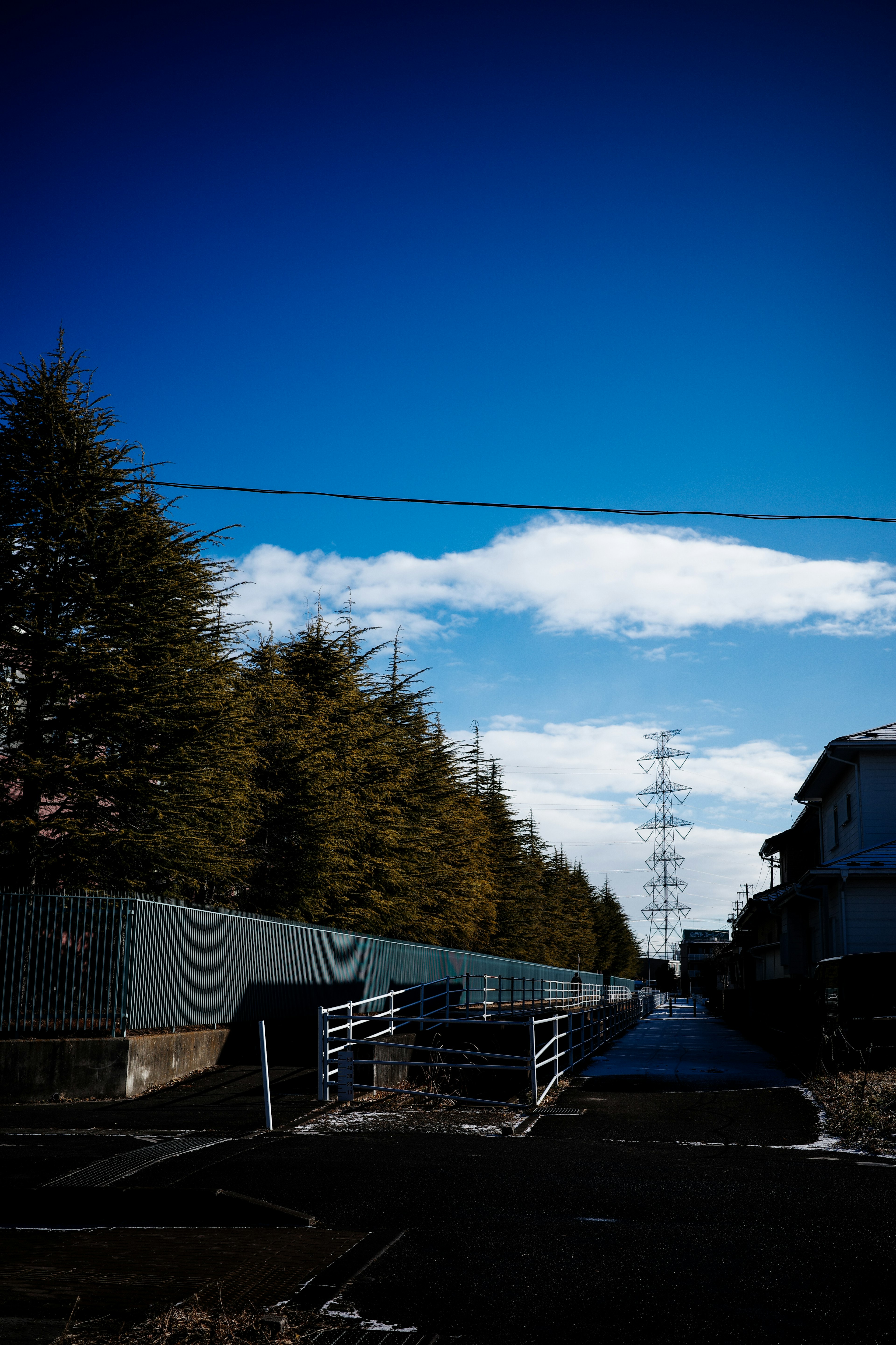 青空と雲が広がる風景に沿った道路と電柱が見える