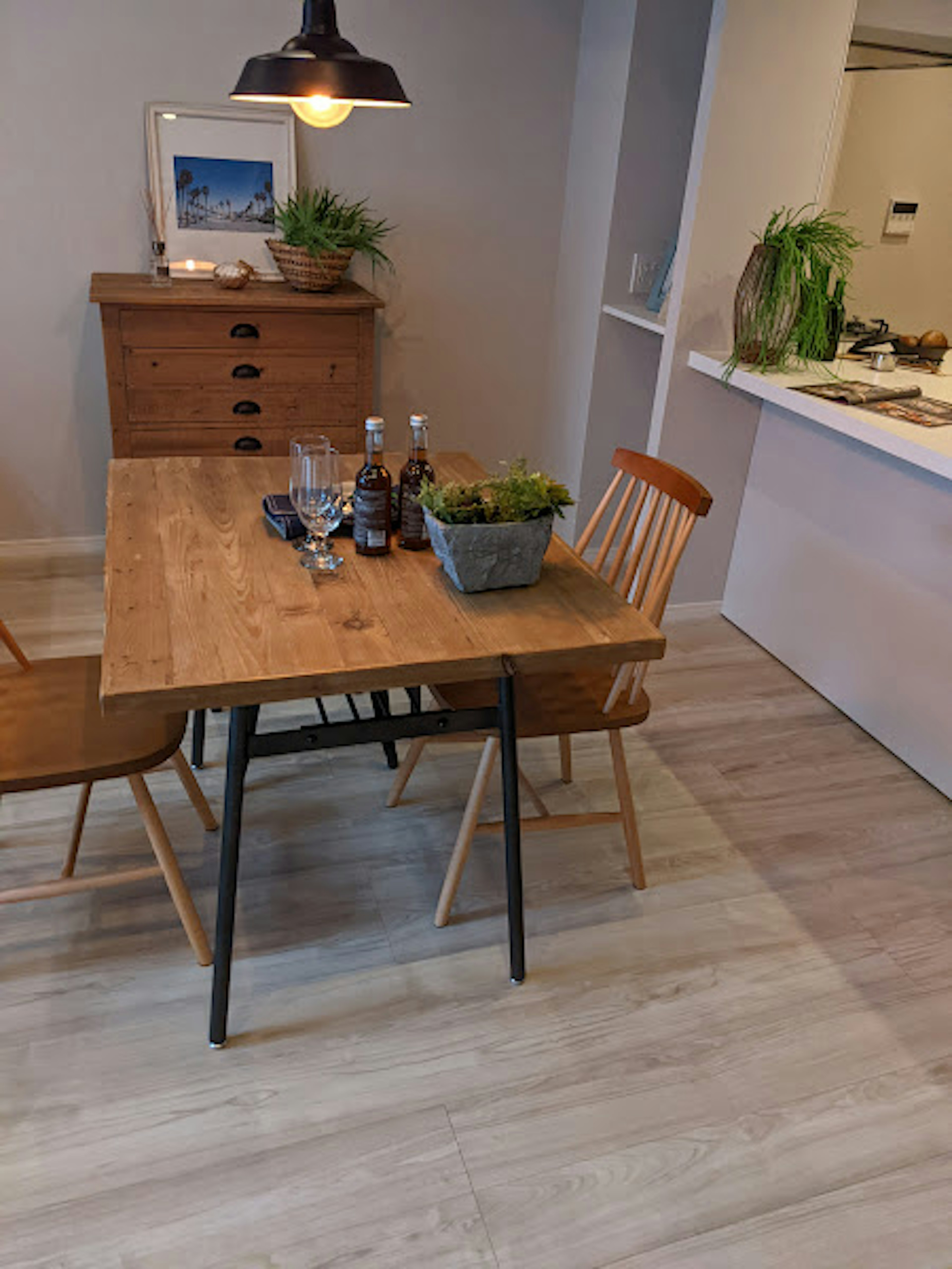 Acogedora área de comedor con mesa y sillas de madera y una planta verde con botellas sobre la mesa