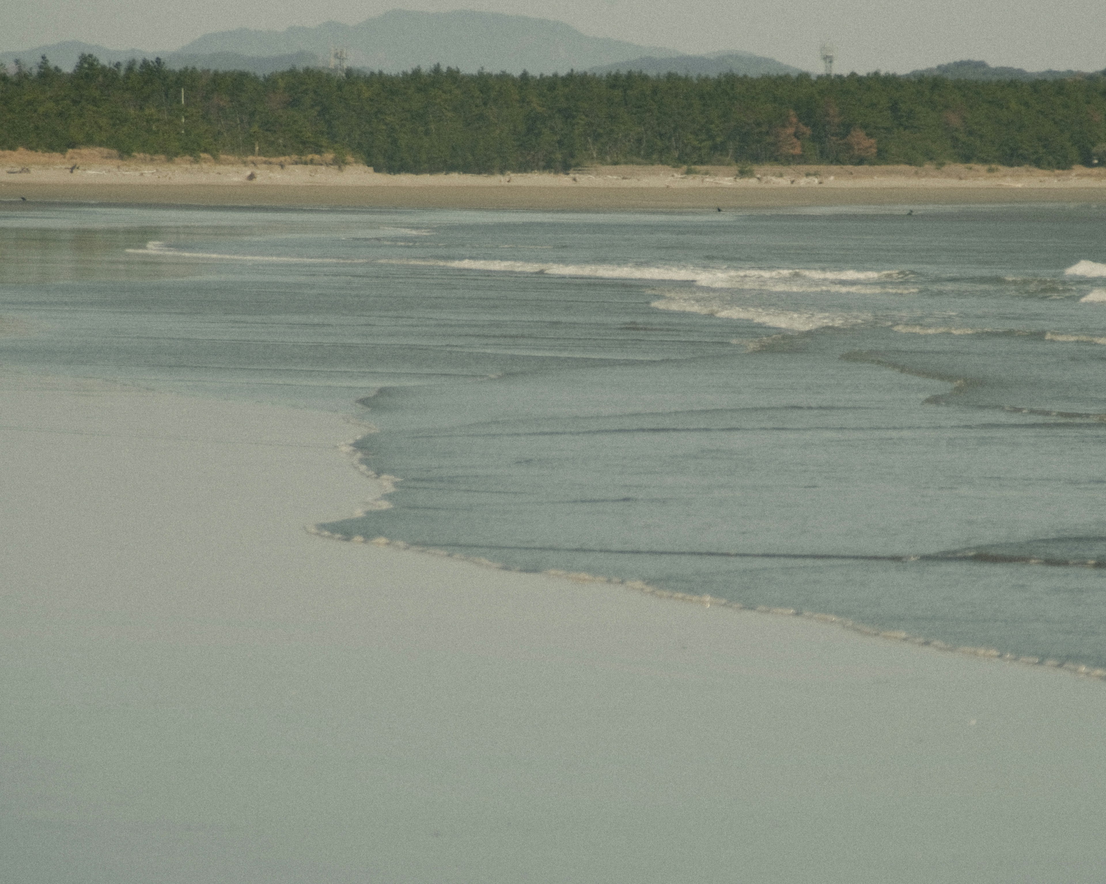 寧靜的海岸場景，柔和的波浪和遙遠的海岸線