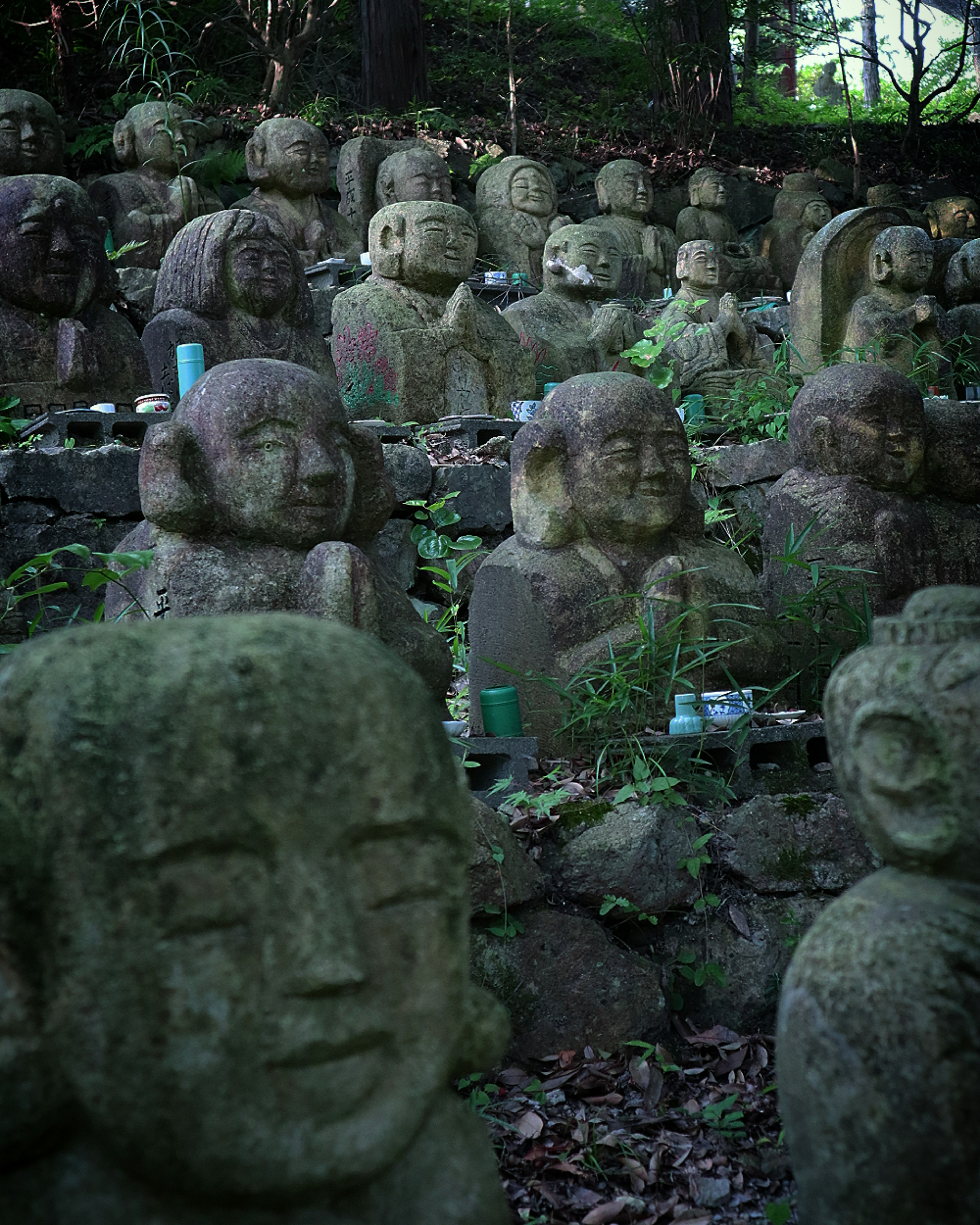 A serene location filled with stone statues surrounded by greenery ancient carvings