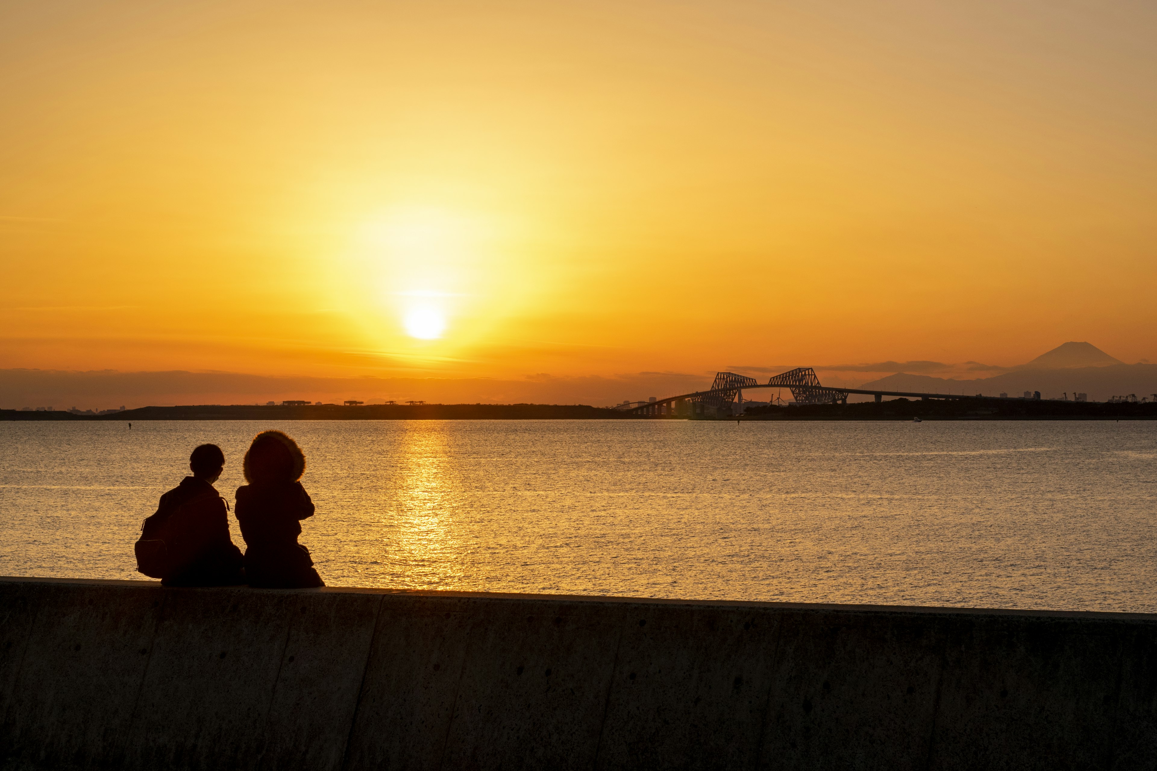 夕日を背景にしたカップルが海の岸辺に座っている