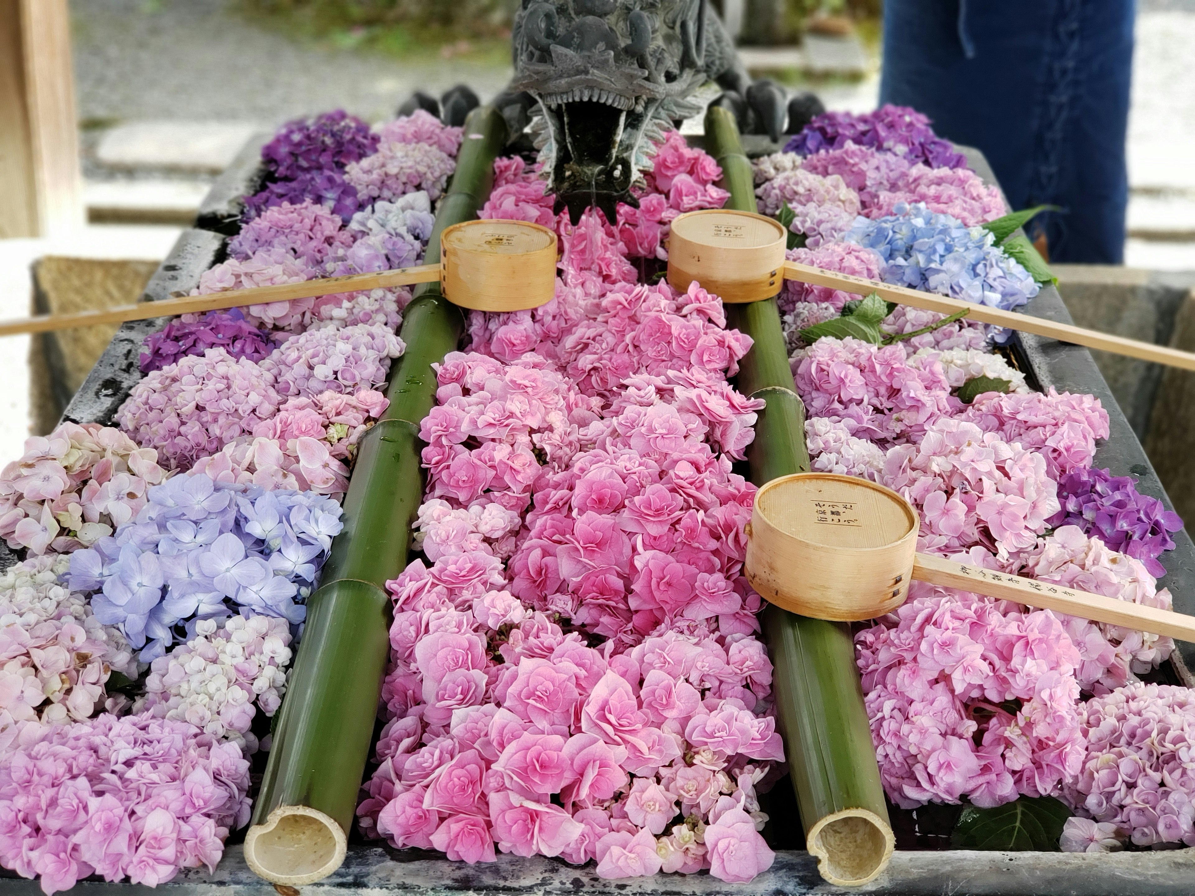 Un tavolo coperto di fiori colorati circondato da bacini d'acqua in bambù