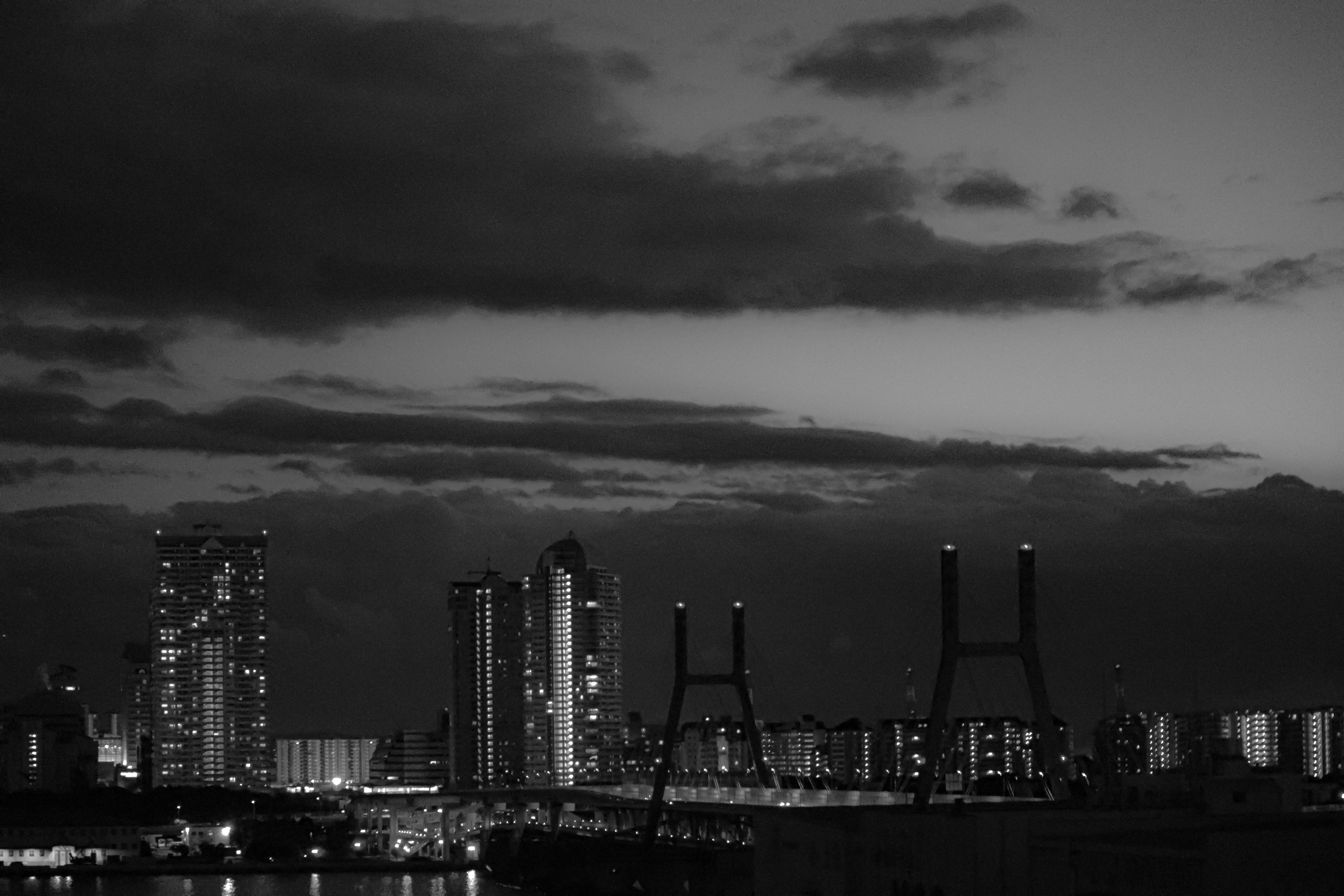 Paysage urbain nocturne en noir et blanc avec des gratte-ciel et des silhouettes de ponts