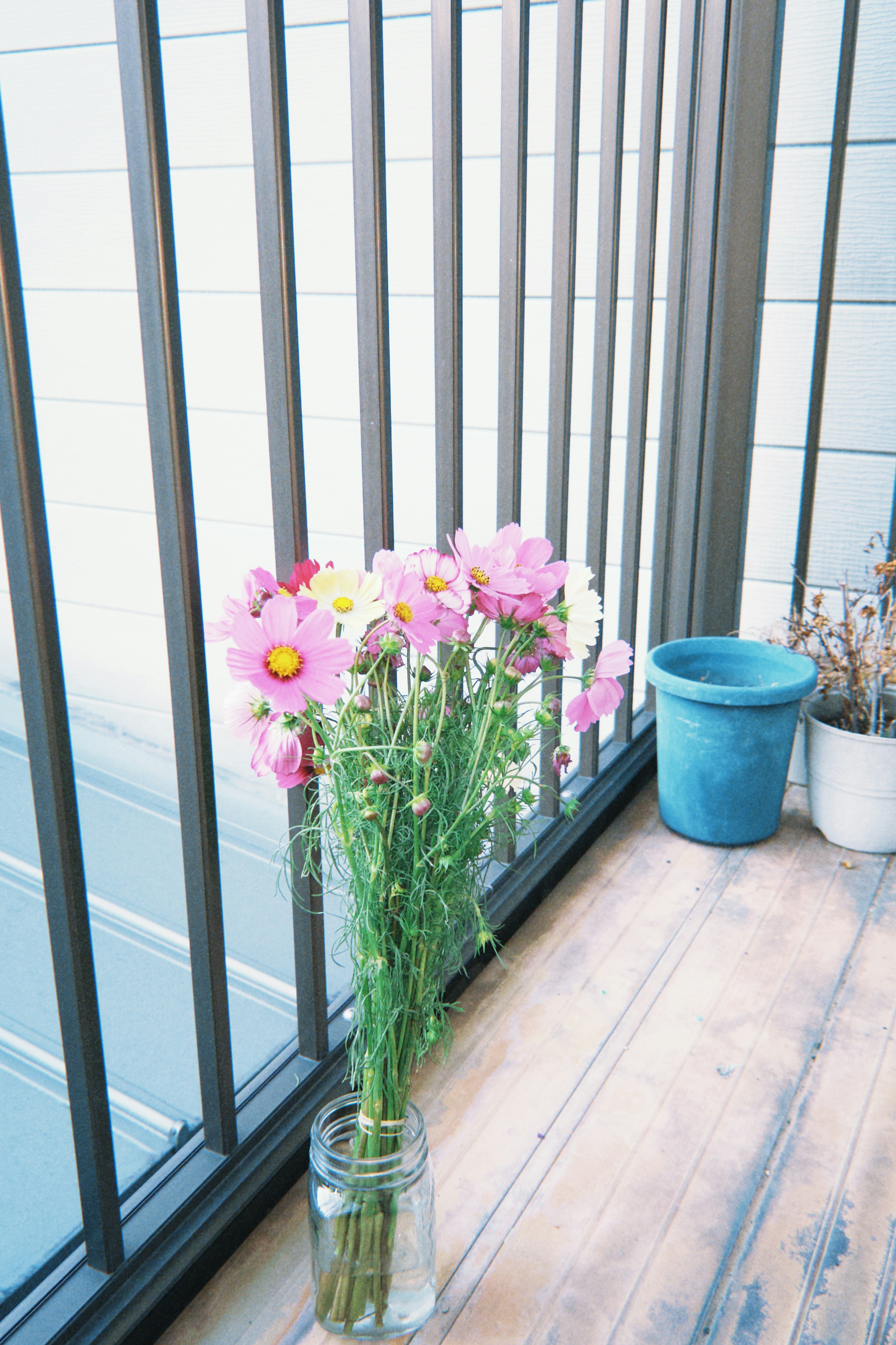 Bouquet di fiori rosa in un vaso di vetro su un balcone