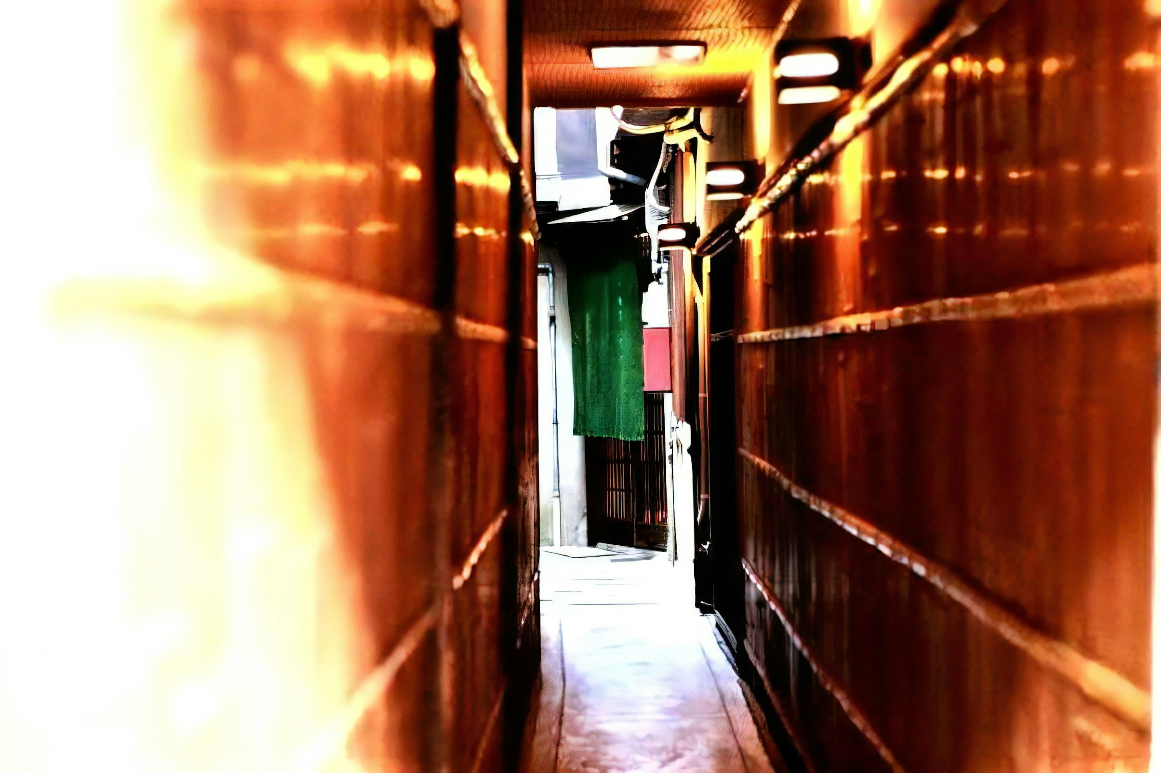 Narrow corridor lined with wooden walls featuring a glimpse of green fabric at the end