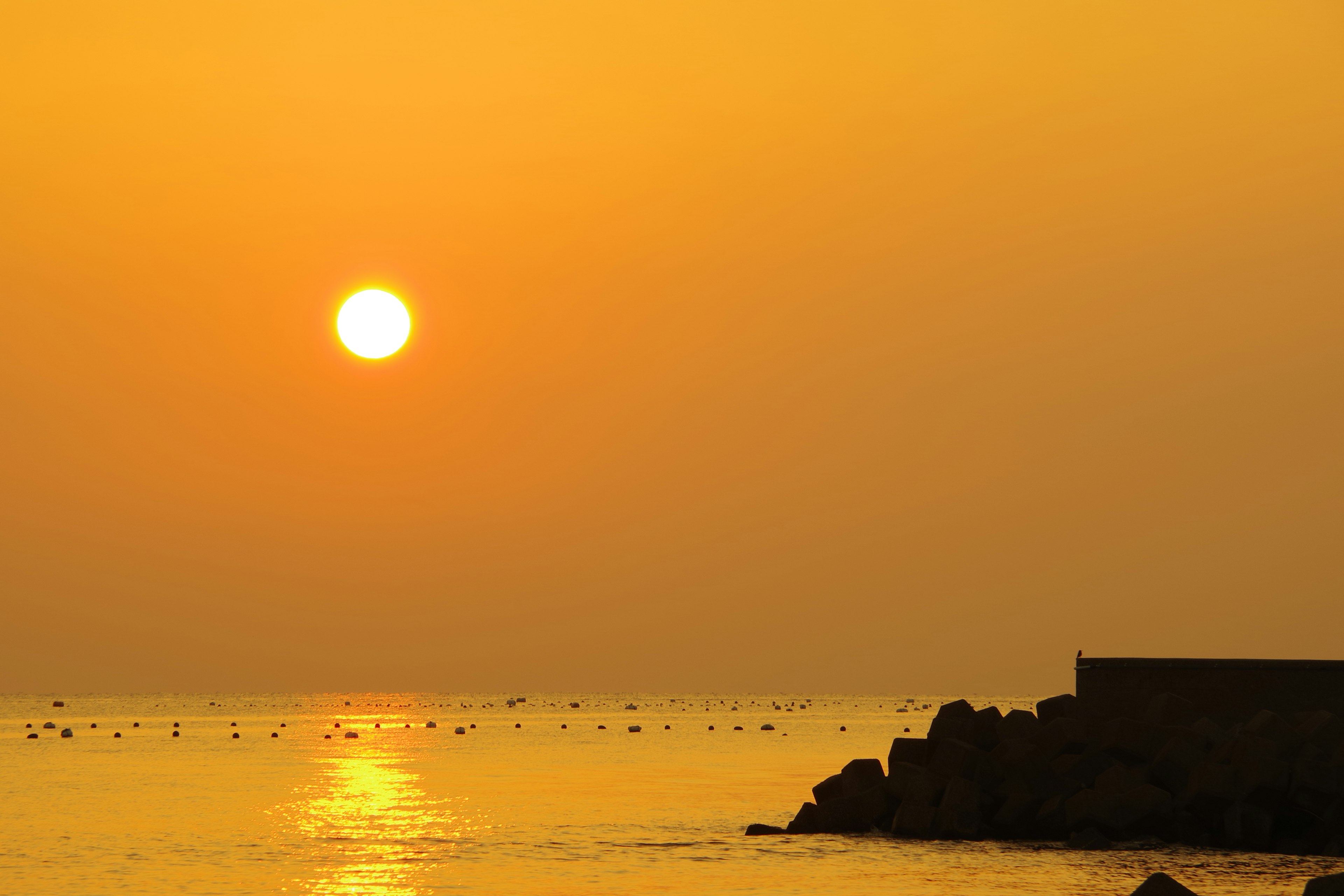 Schöner orangefarbener Himmel mit Sonnenuntergang und ruhiger Meeresansicht