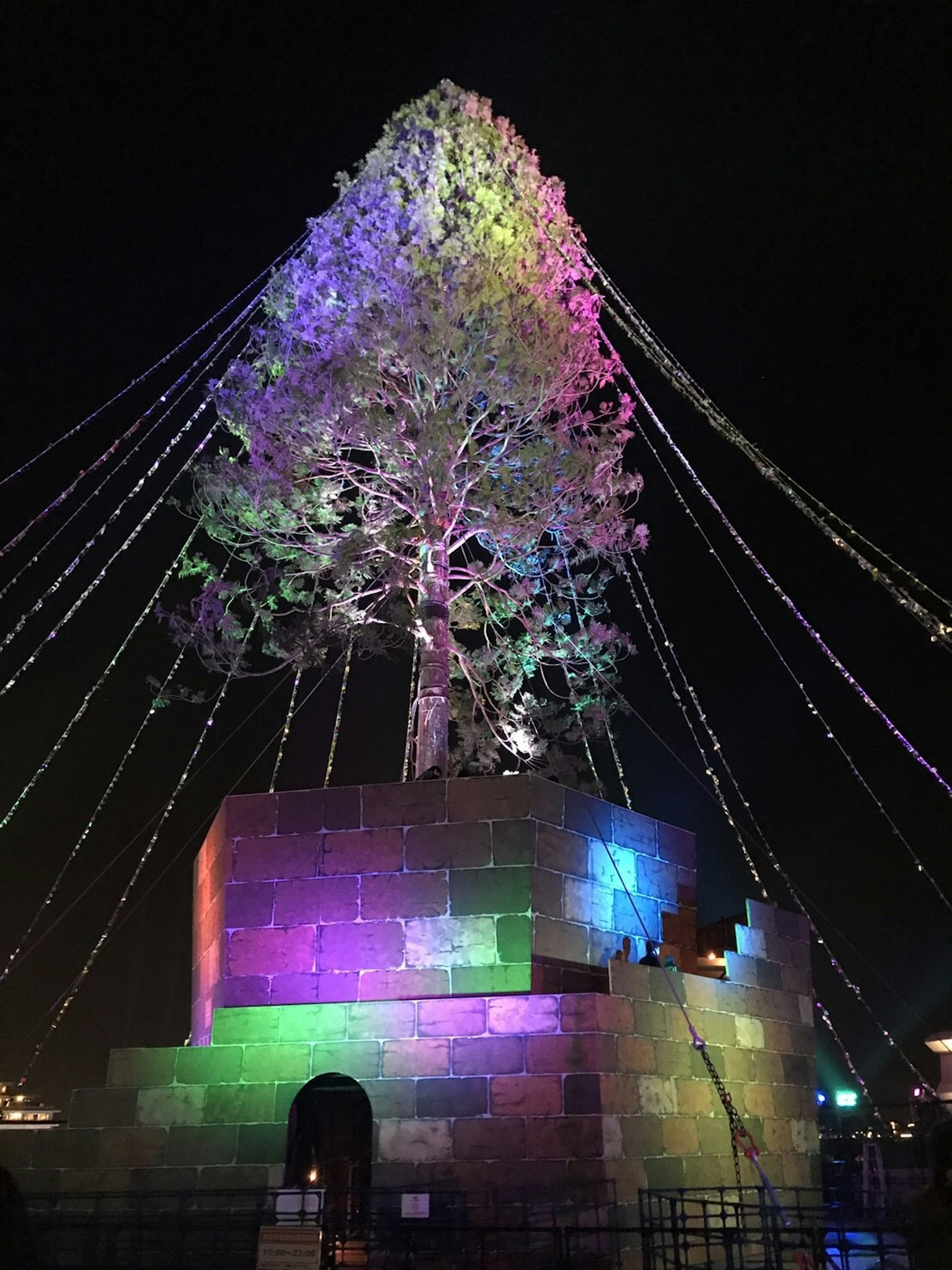 A large tree decorated with colorful lights at night with a stone base