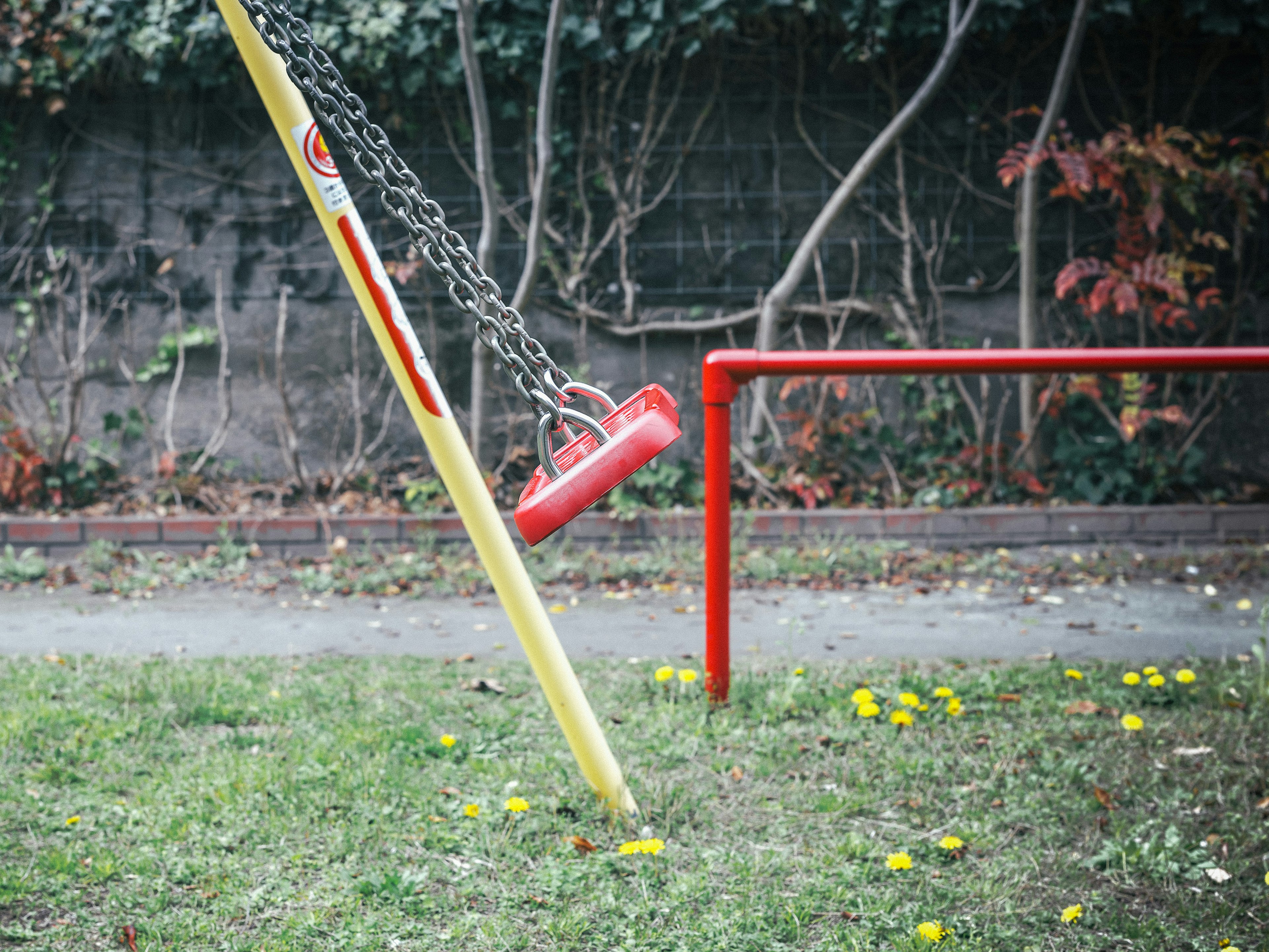 Scena di un parco con un'altalena a catena gialla e un telaio metallico rosso Erba con fiori gialli