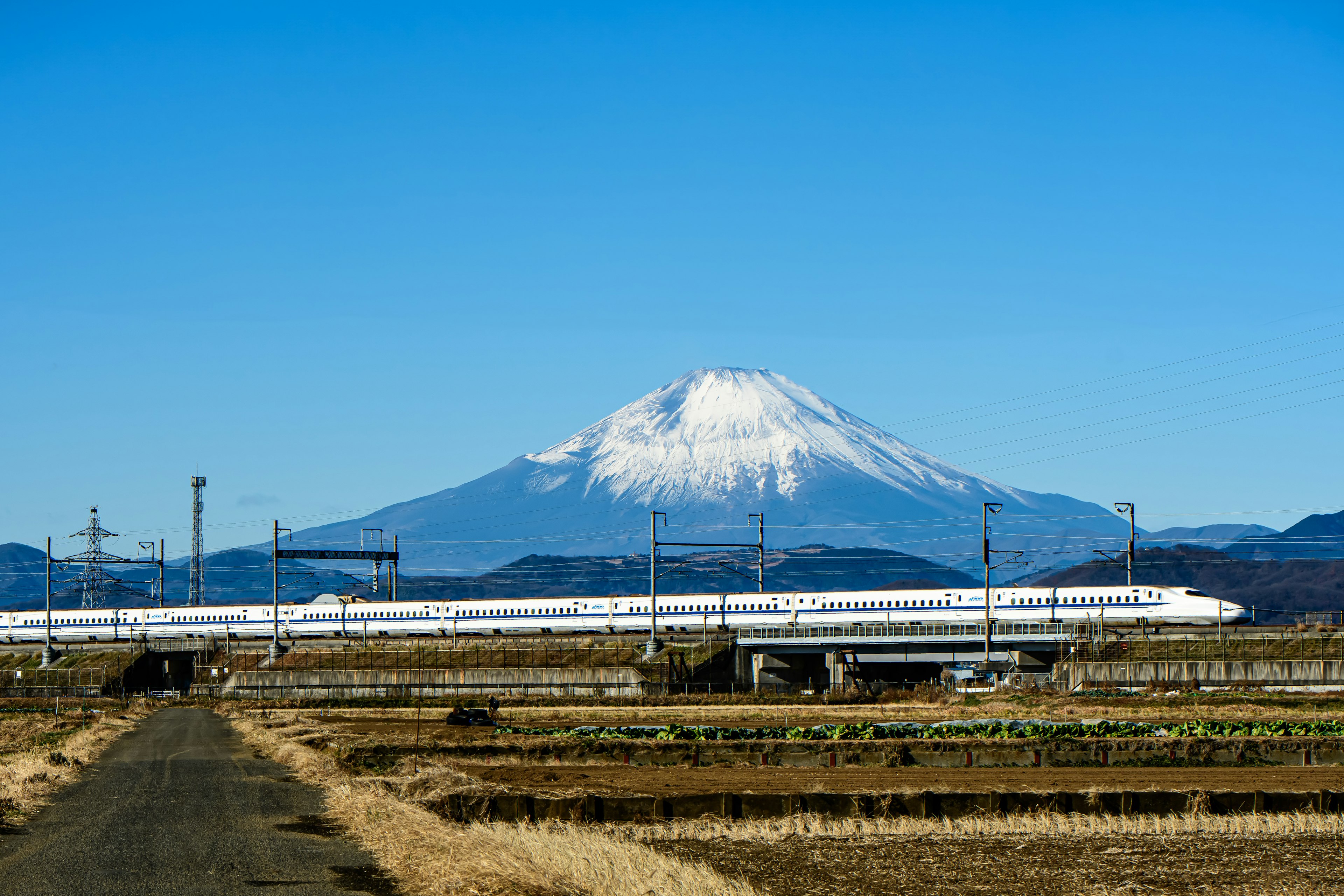 วิวของภูเขาฟูจิพร้อมรถไฟชินคันเซน