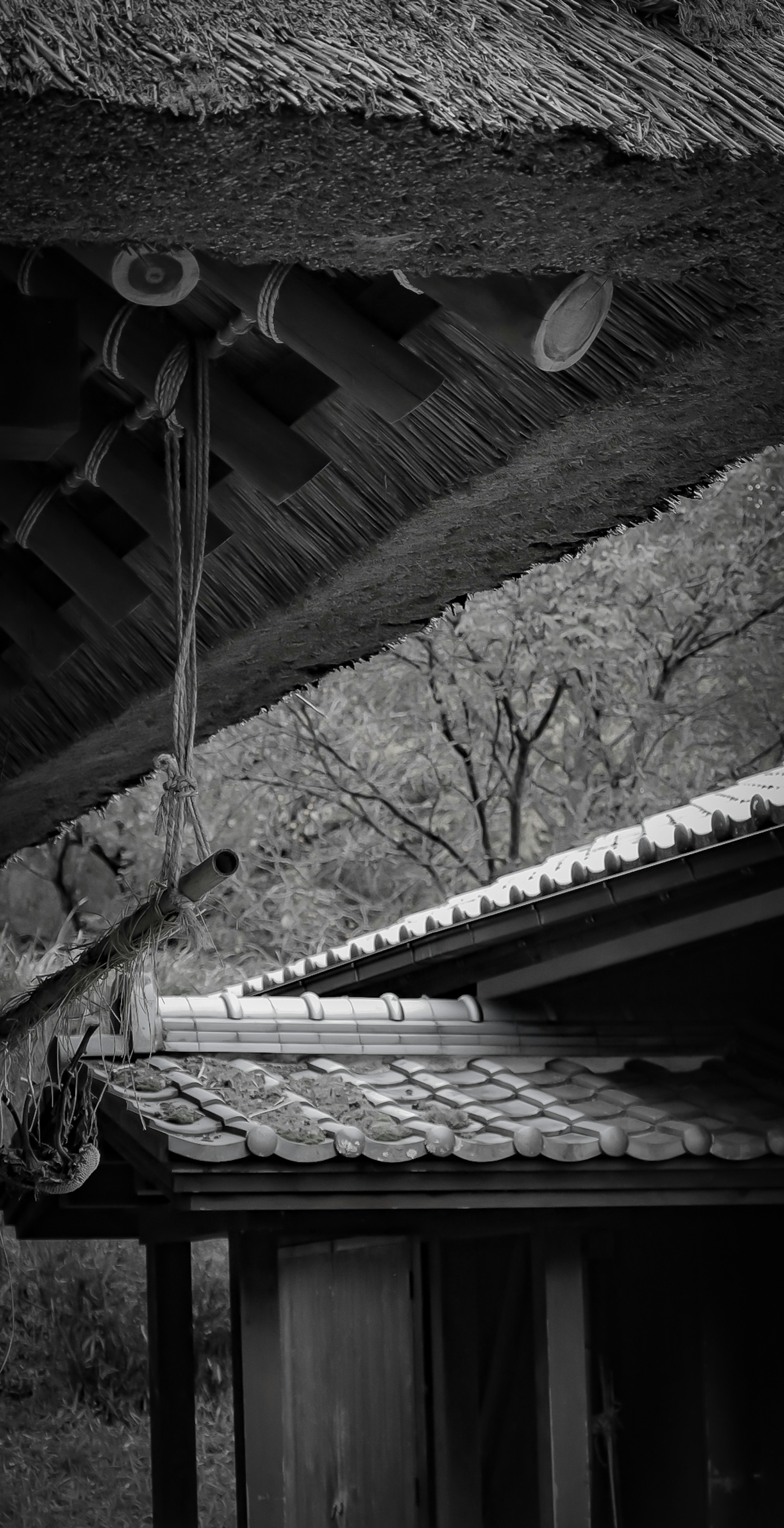 屋根の上にある瓦と木の構造が見える古い日本の家の一部