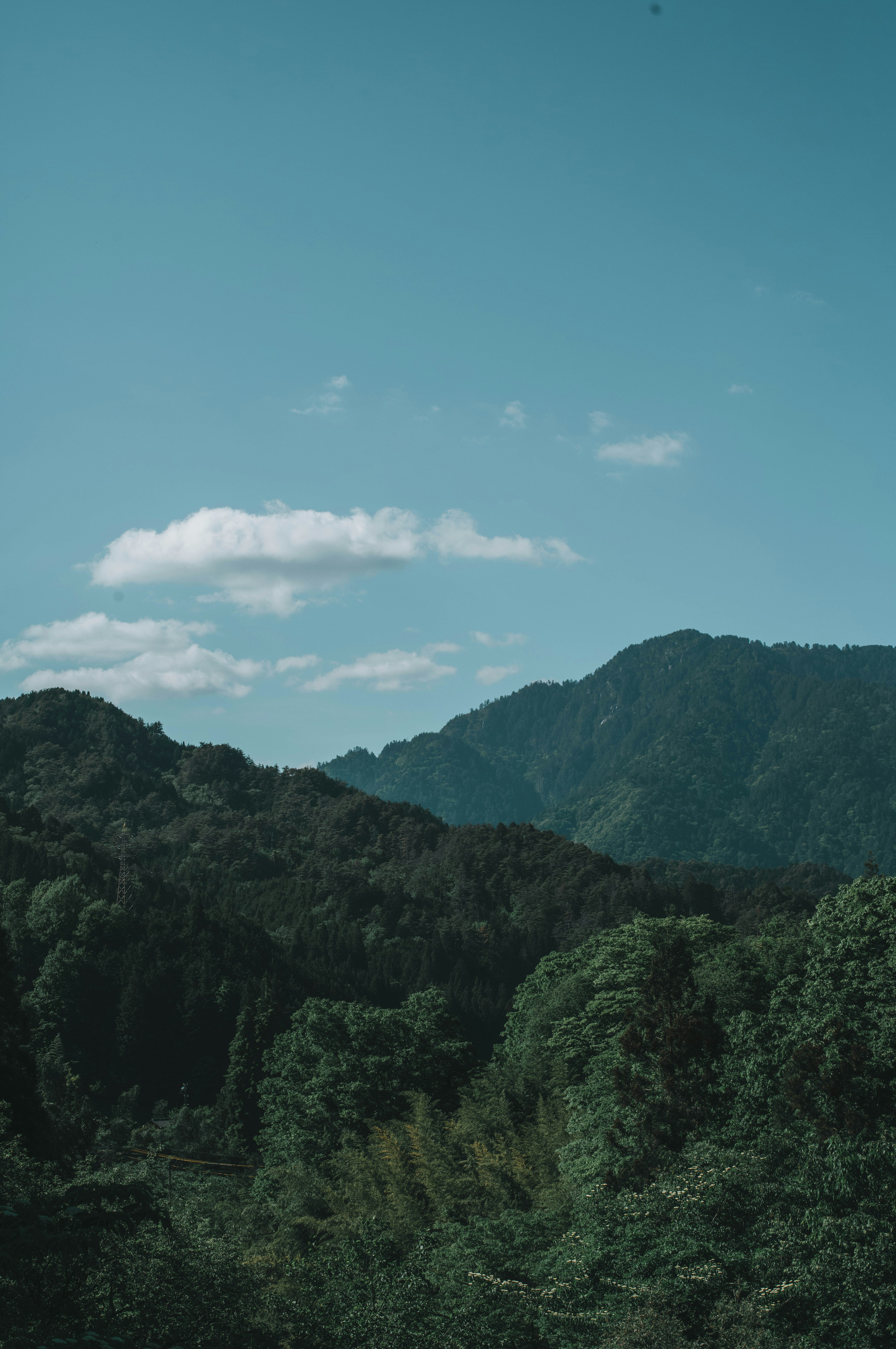 青空と白い雲に囲まれた緑豊かな山々の風景