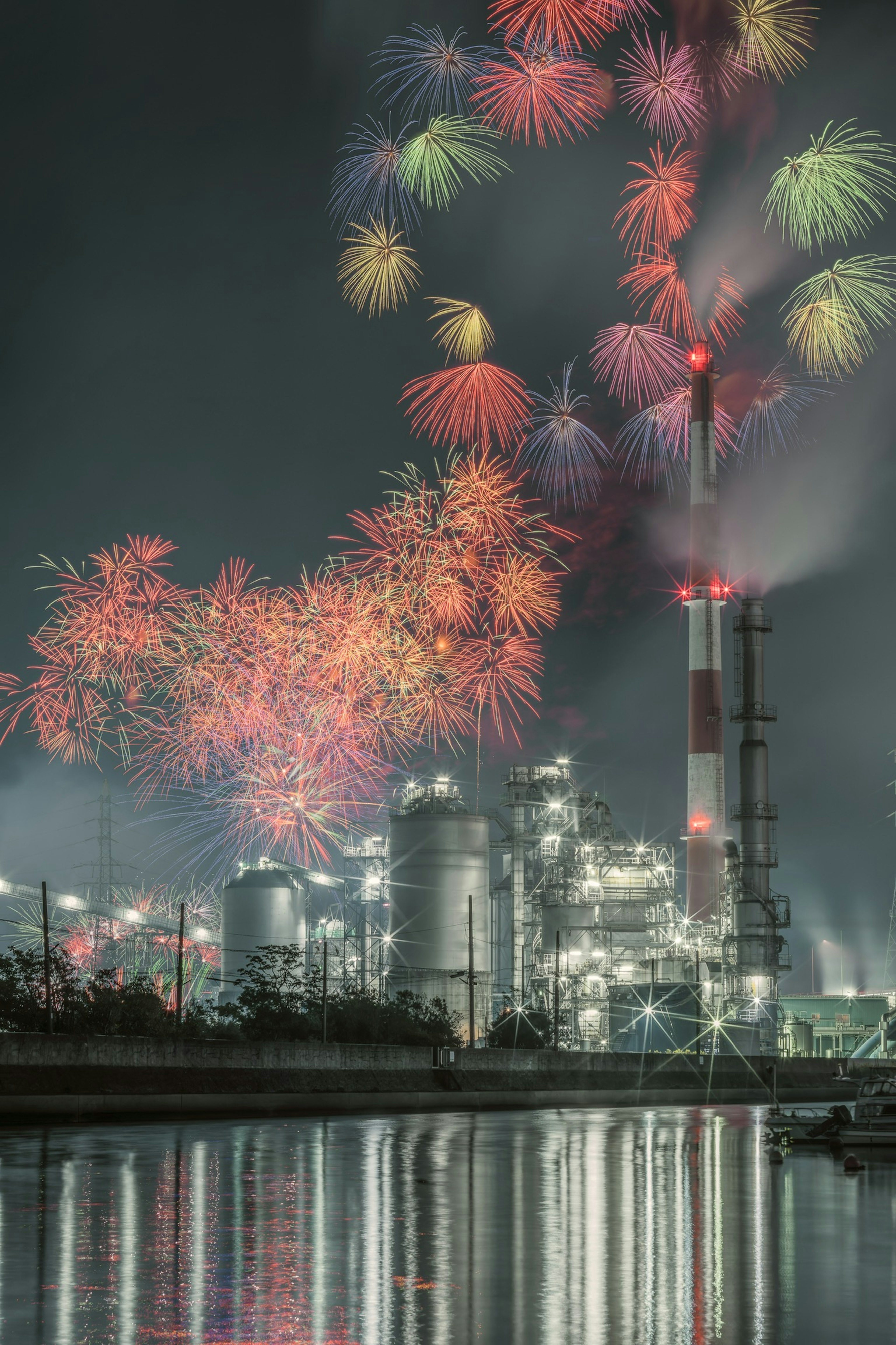 夜间工业场景，工厂烟囱上方绽放烟花