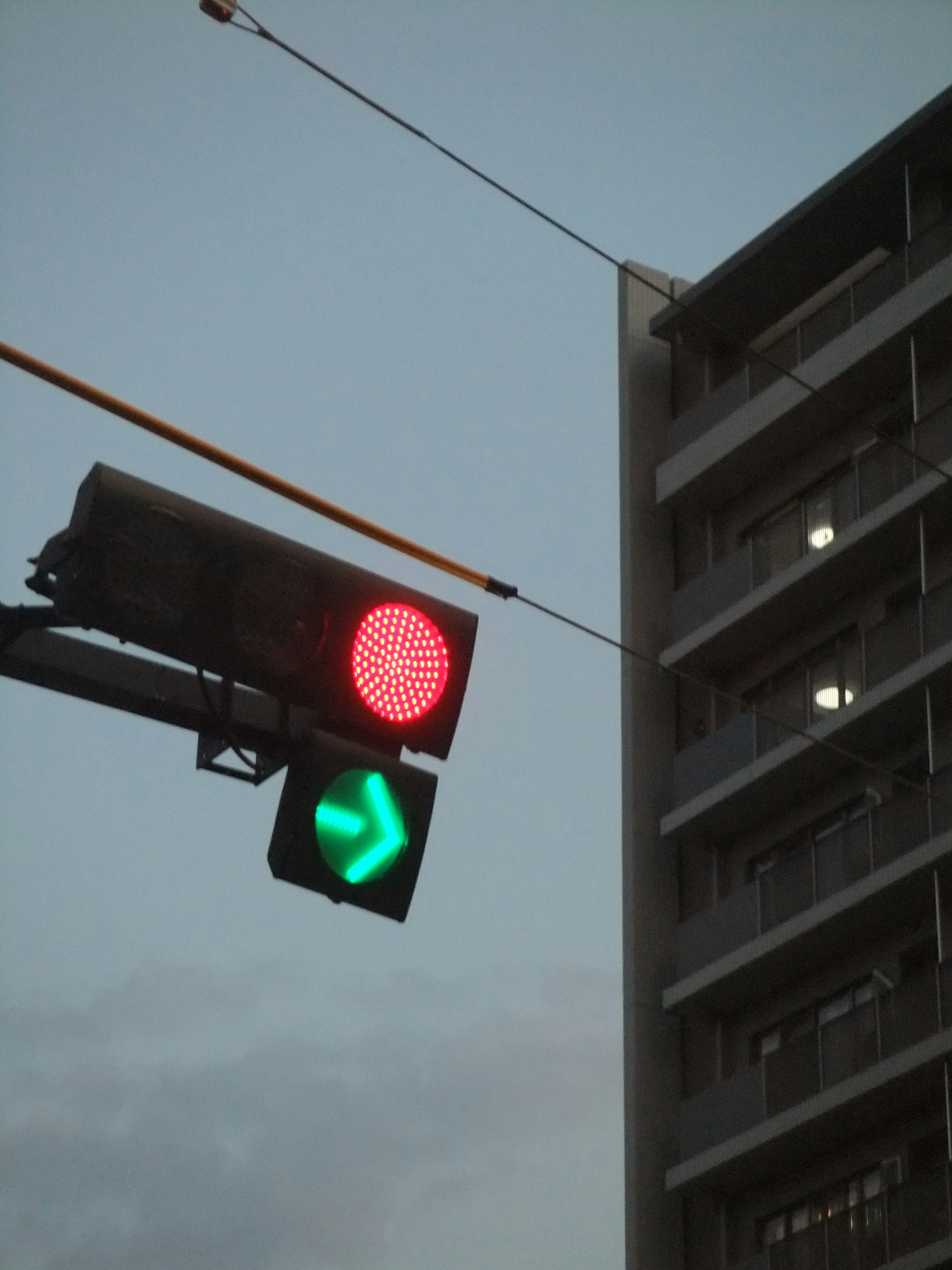 Traffic light showing red and green turn signal at an intersection