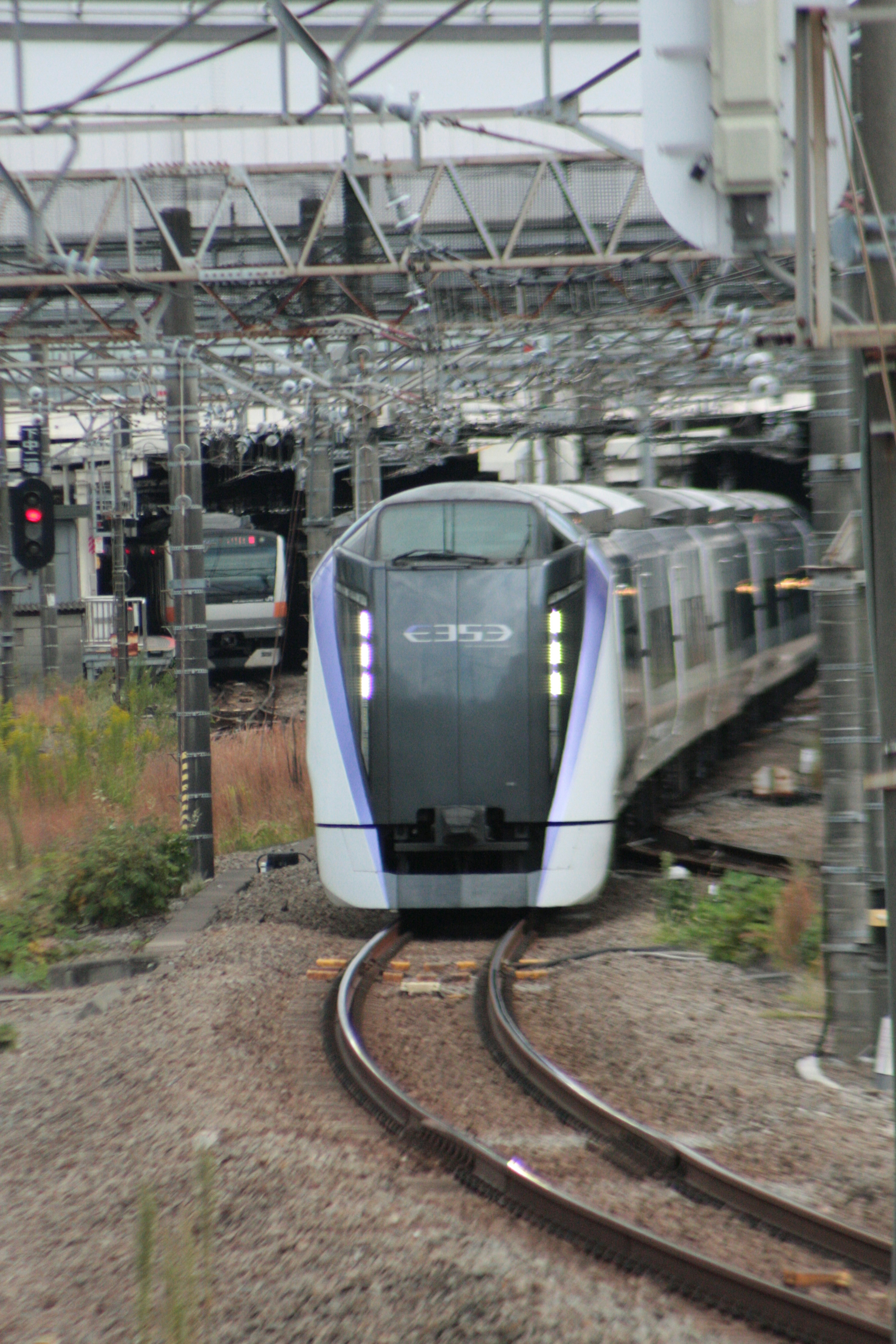 Un treno shinkansen che percorre binari curvi