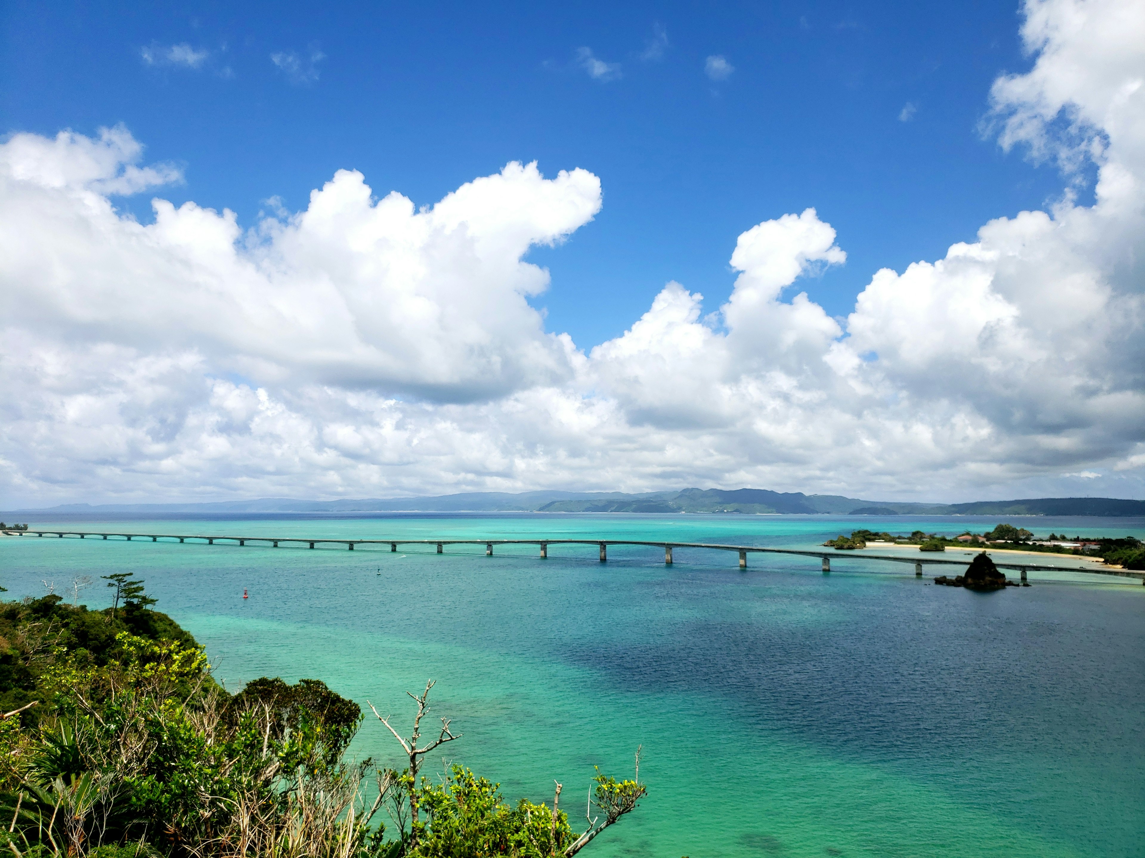 蓝天之下的绿松石水面上桥的风景