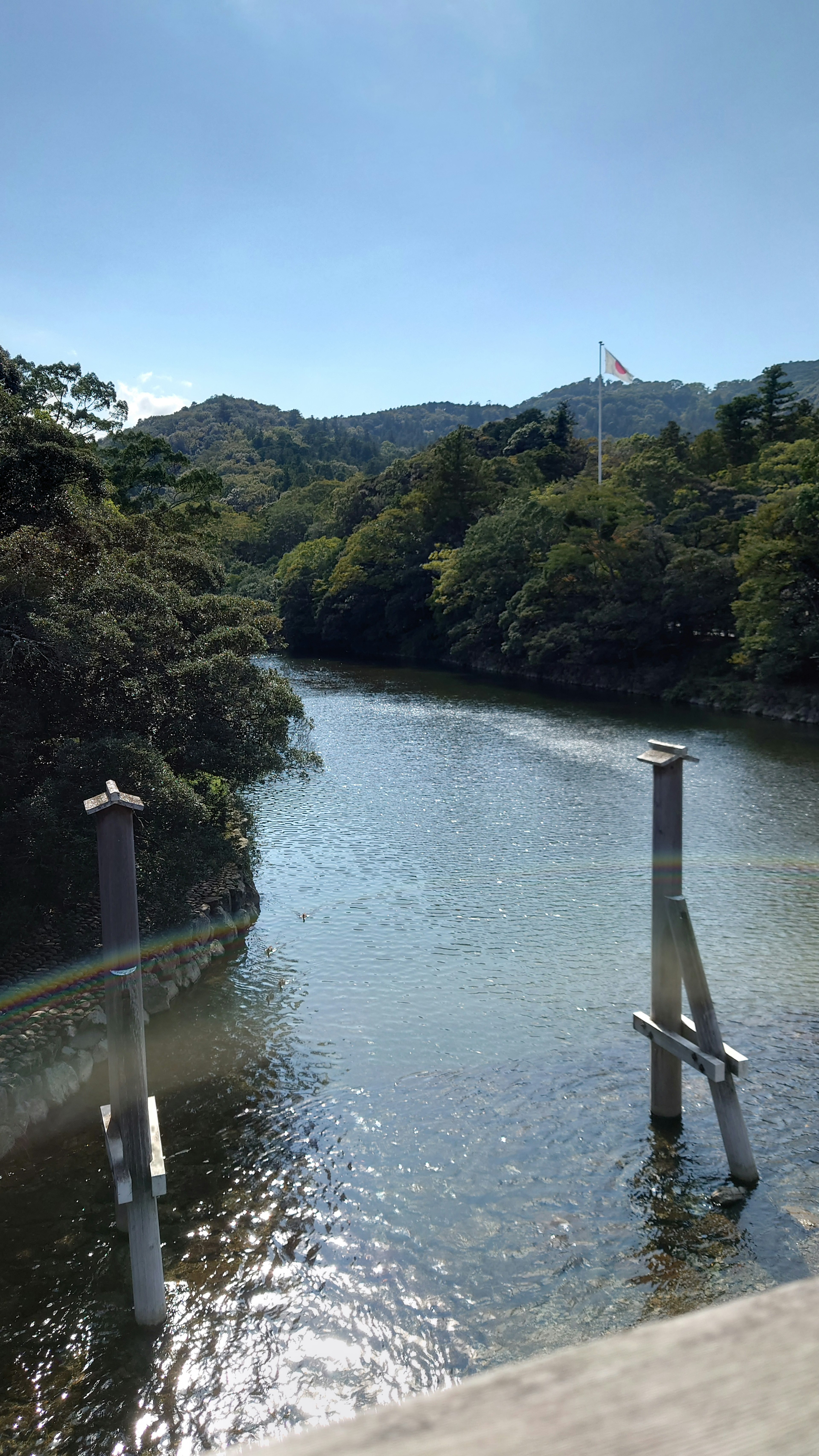 宁静的河边景色，四周环绕着山丘和绿树