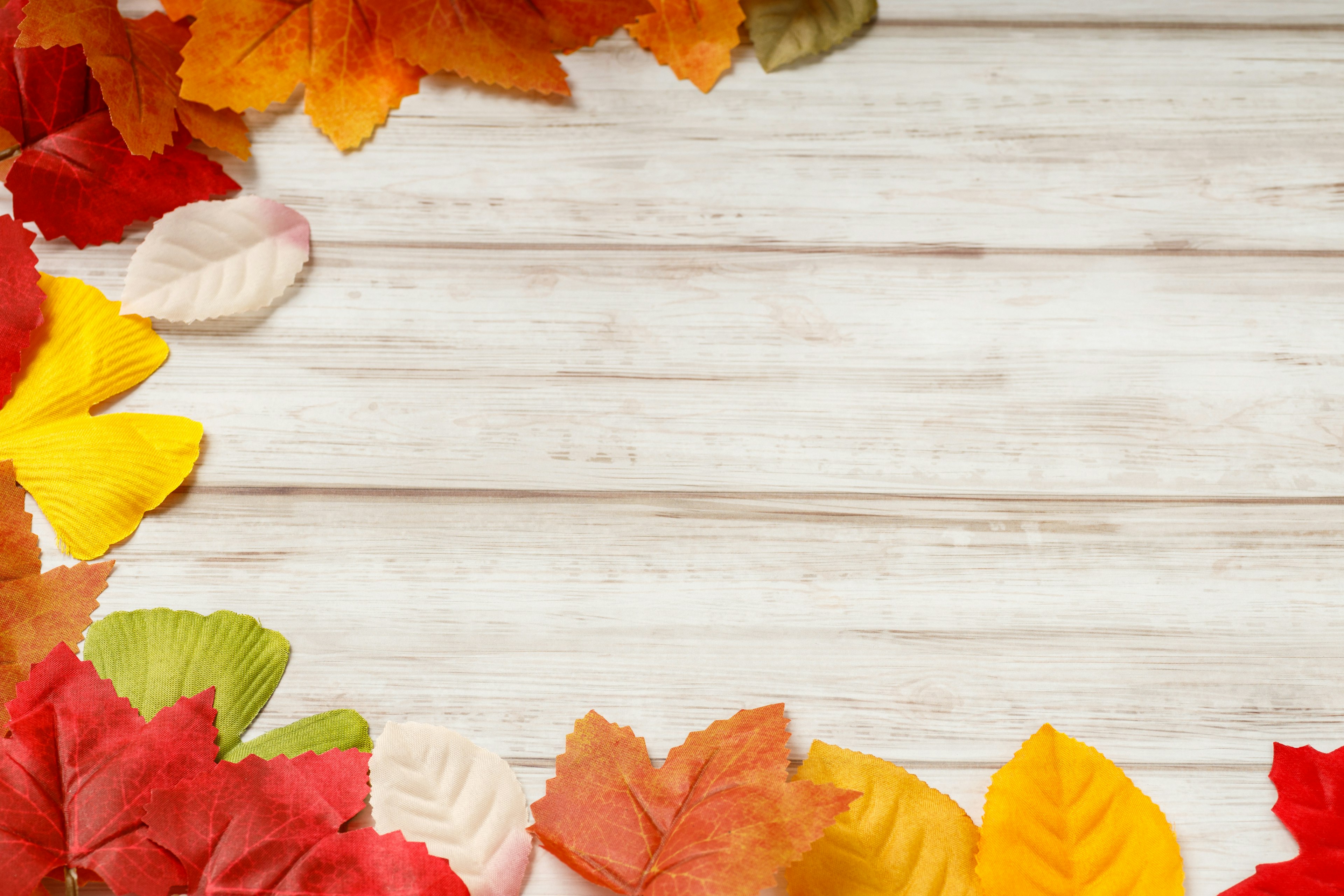 Hojas de otoño coloridas dispuestas alrededor de una mesa de madera