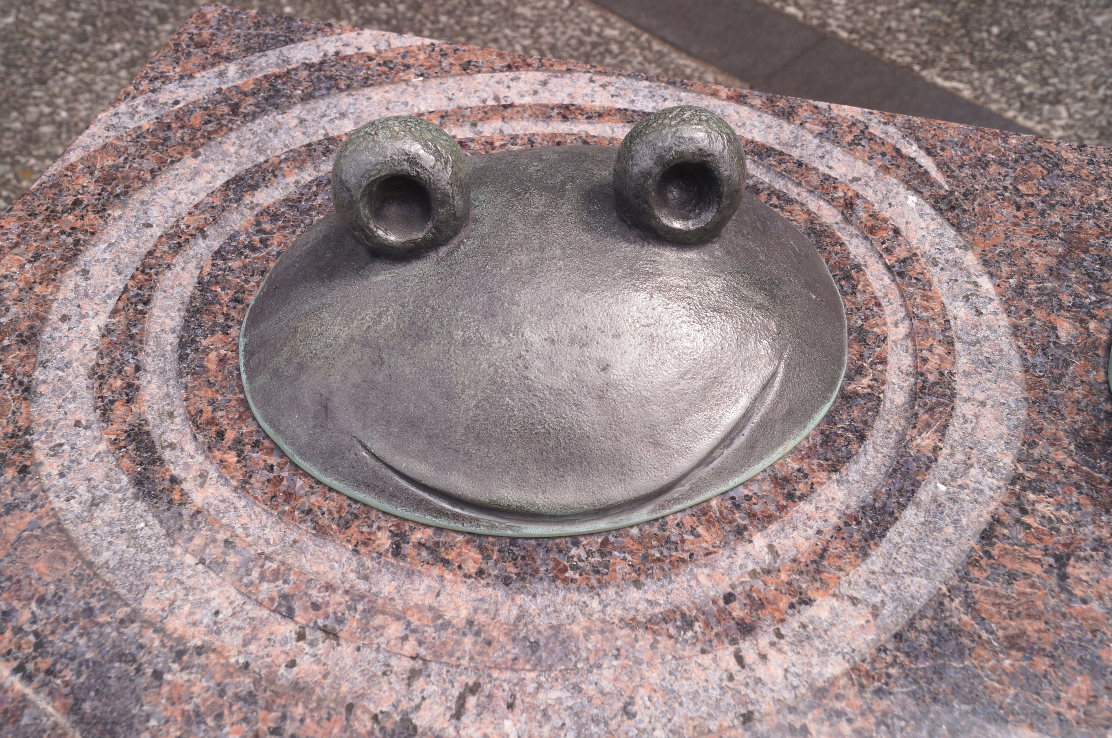 Metal frog sculpture with surrounding ripples