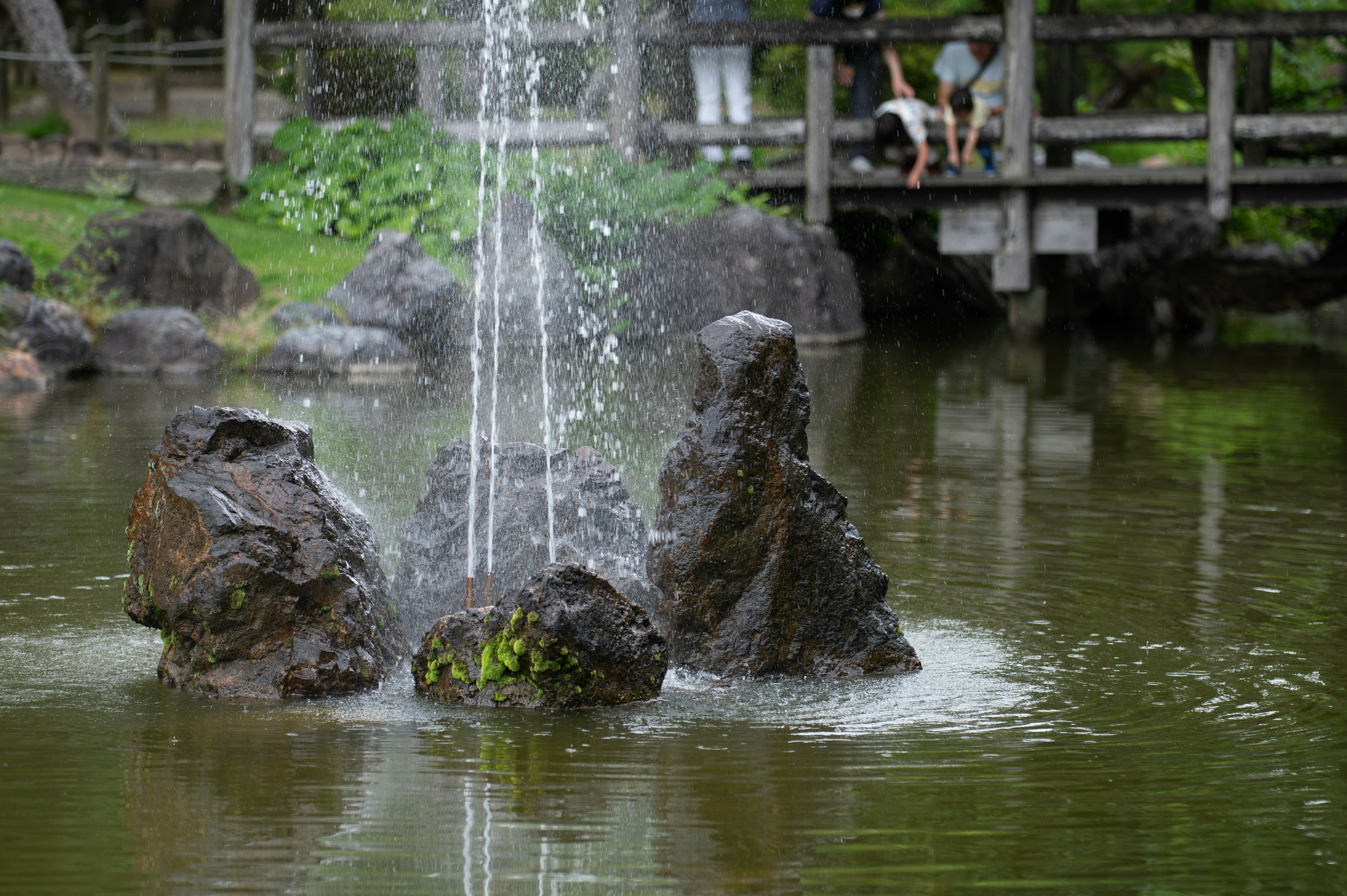 Wasserfontäne, die aus Felsen in einem Teich sprudelt, umgeben von Grün