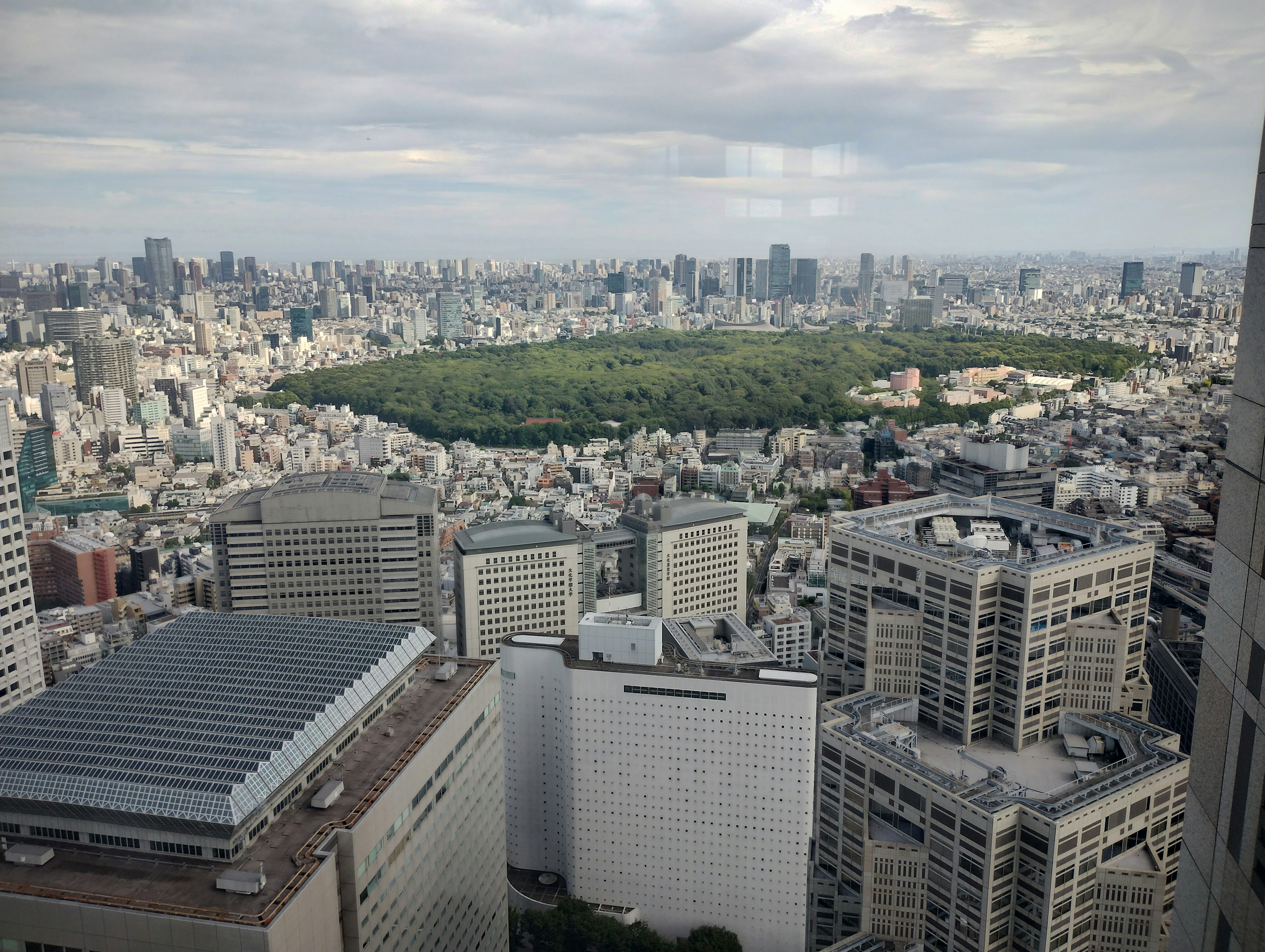 東京城市景觀的全景，中央有綠色公園和摩天大樓