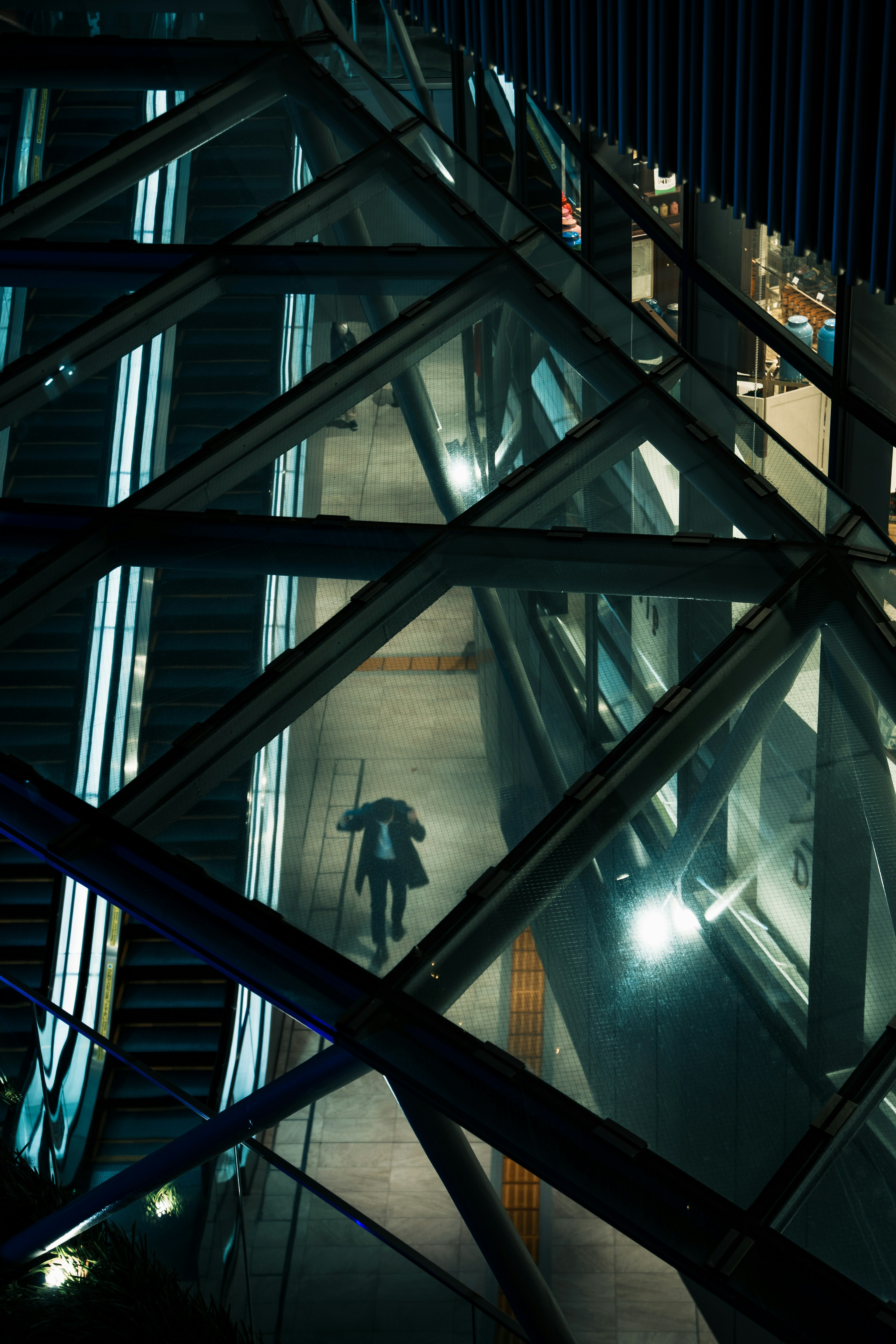 A person holding an umbrella walking under a glass roof