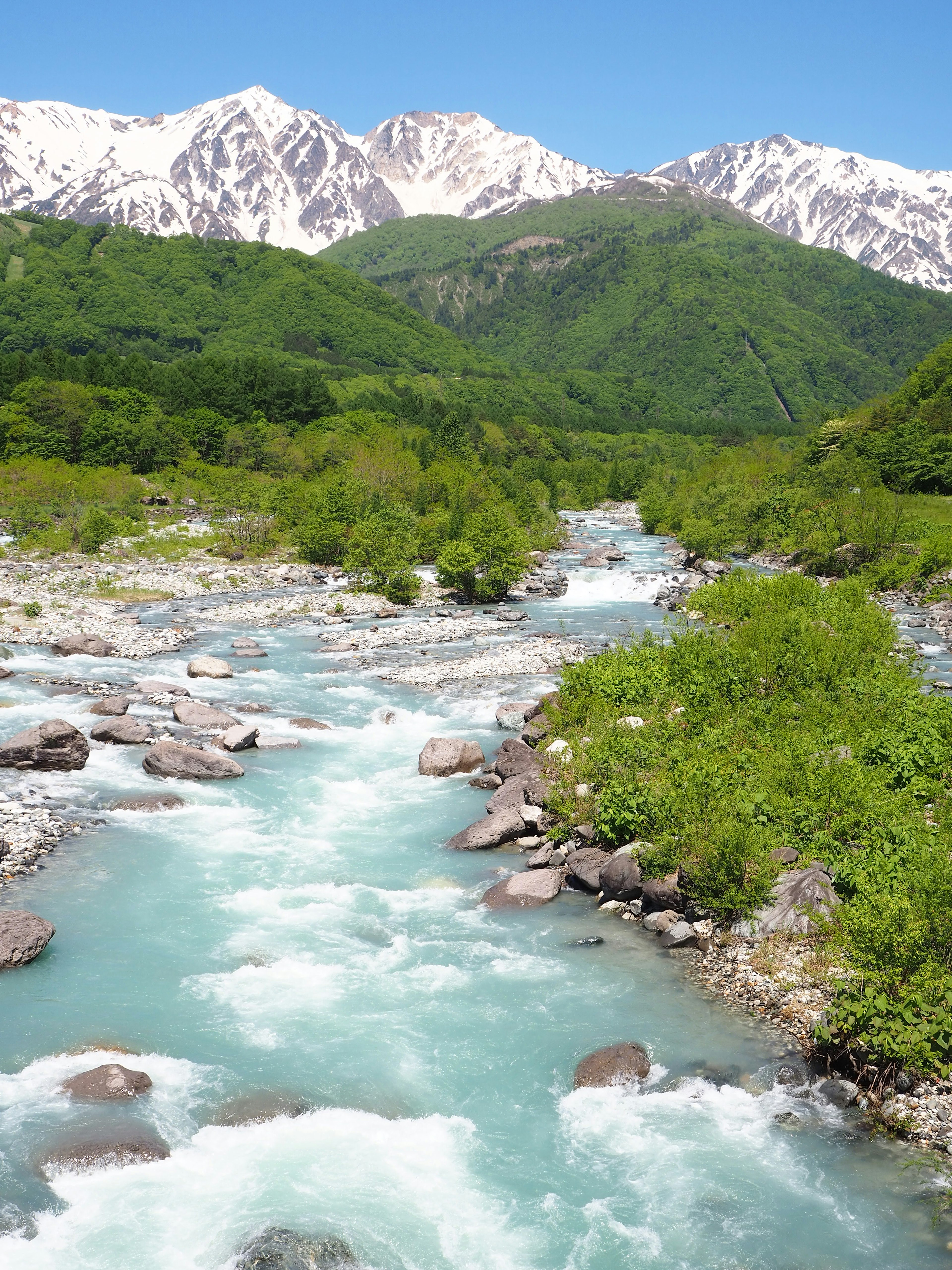 ทิวทัศน์ที่สวยงามของลำธารใสที่มีภูเขาสีเขียวสดใสและยอดเขาที่มีหิมะ