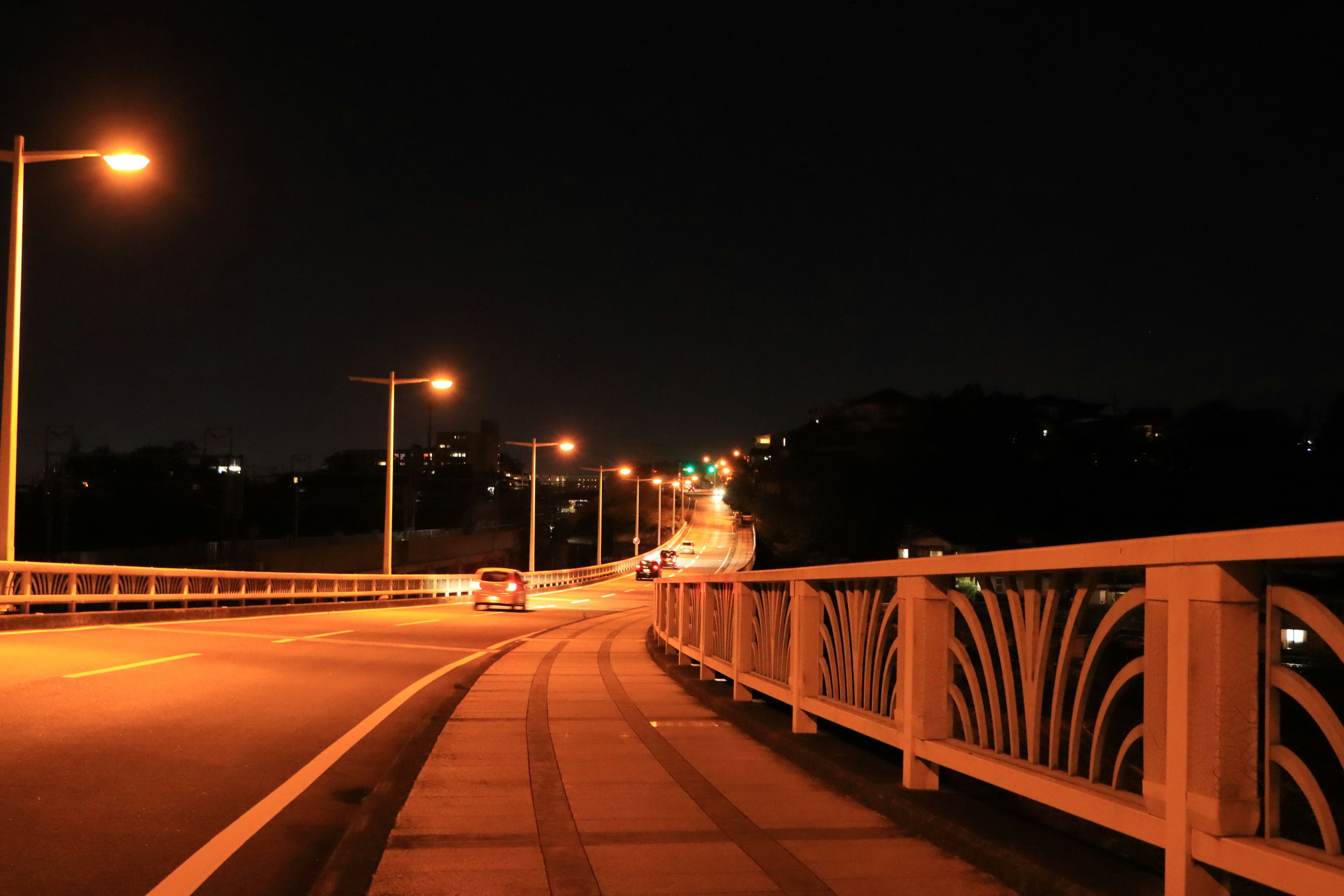 Vista notturna di una strada lungo un ponte con lampioni accesi