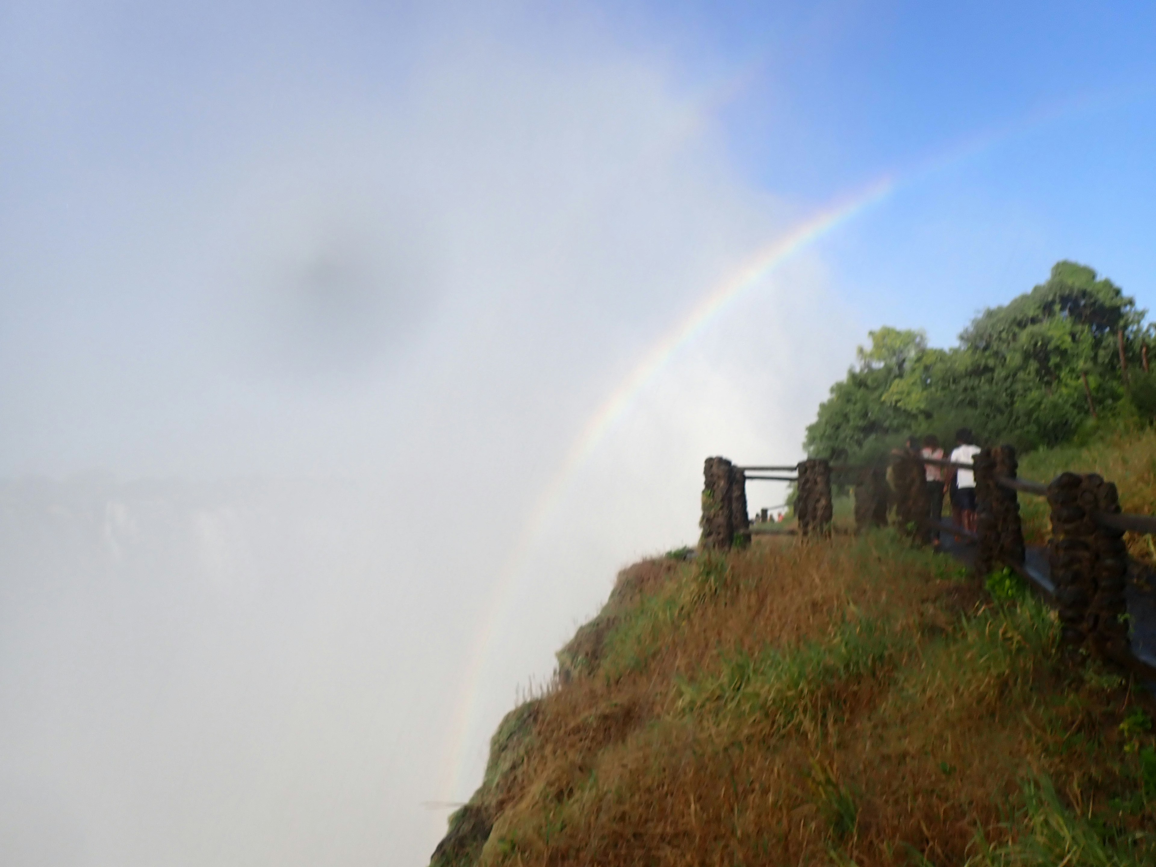 Vue pittoresque près d'une cascade avec un arc-en-ciel et de l'herbe