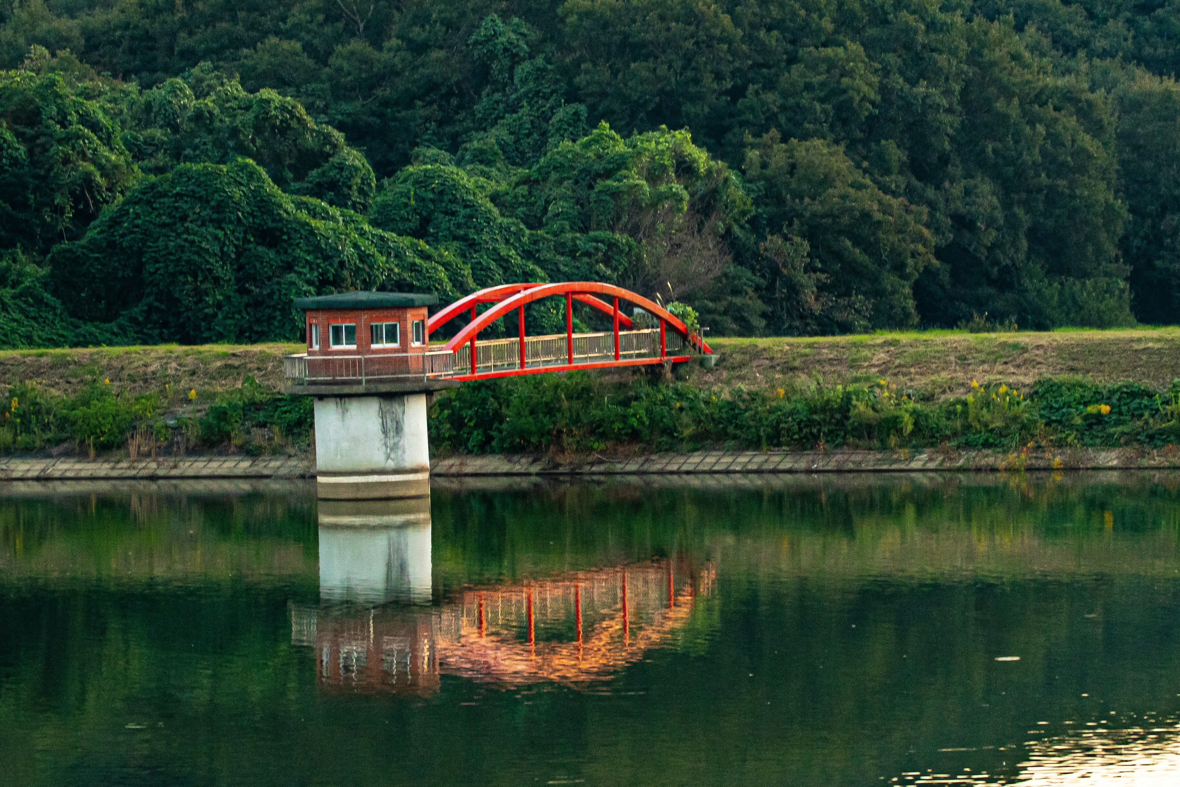 สะพานโค้งสีแดงสะท้อนอยู่ในแม่น้ำสงบล้อมรอบด้วยพืชพรรณเขียวขจี