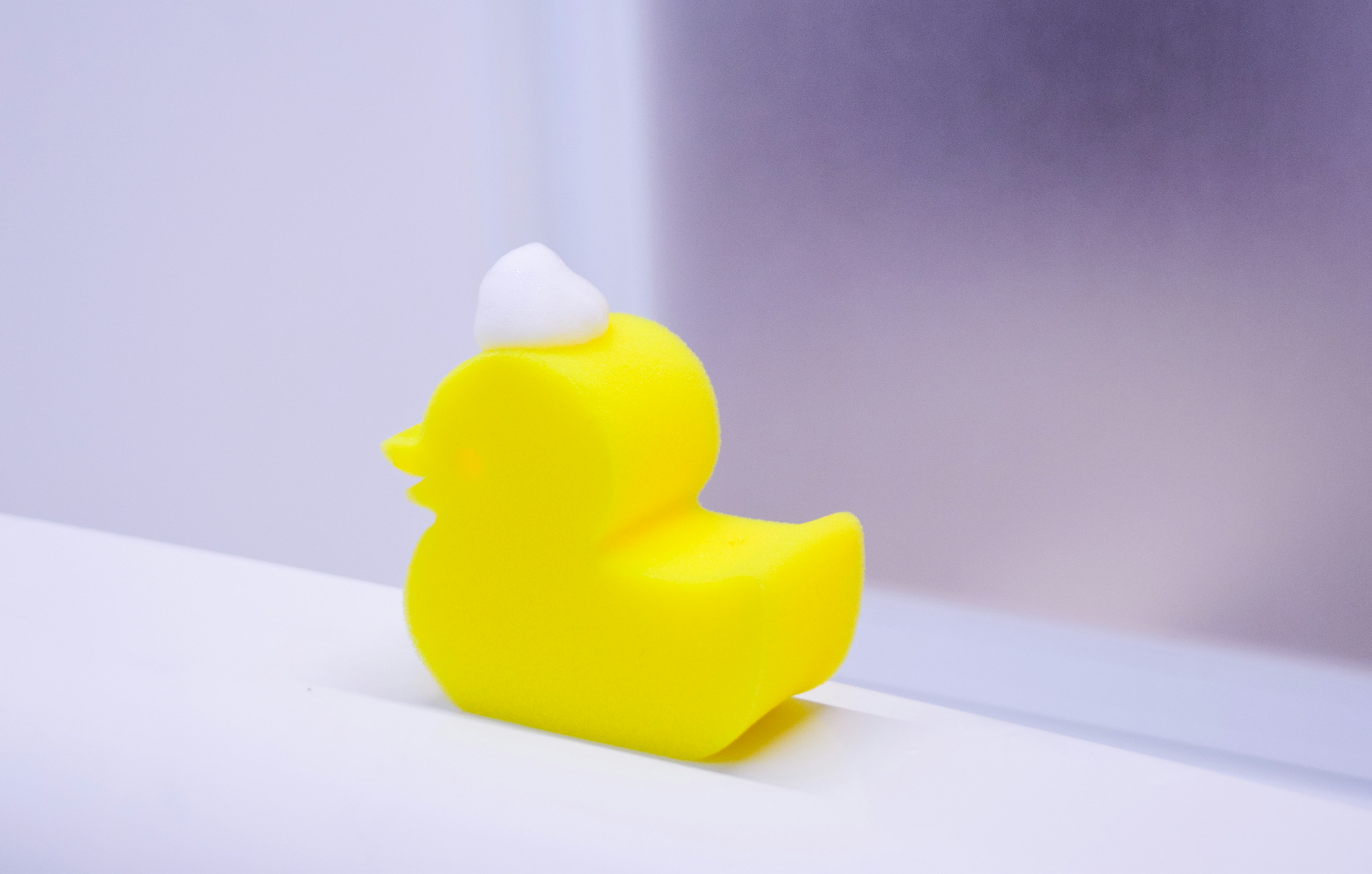 A yellow rubber duck with a white foam hat on a white surface