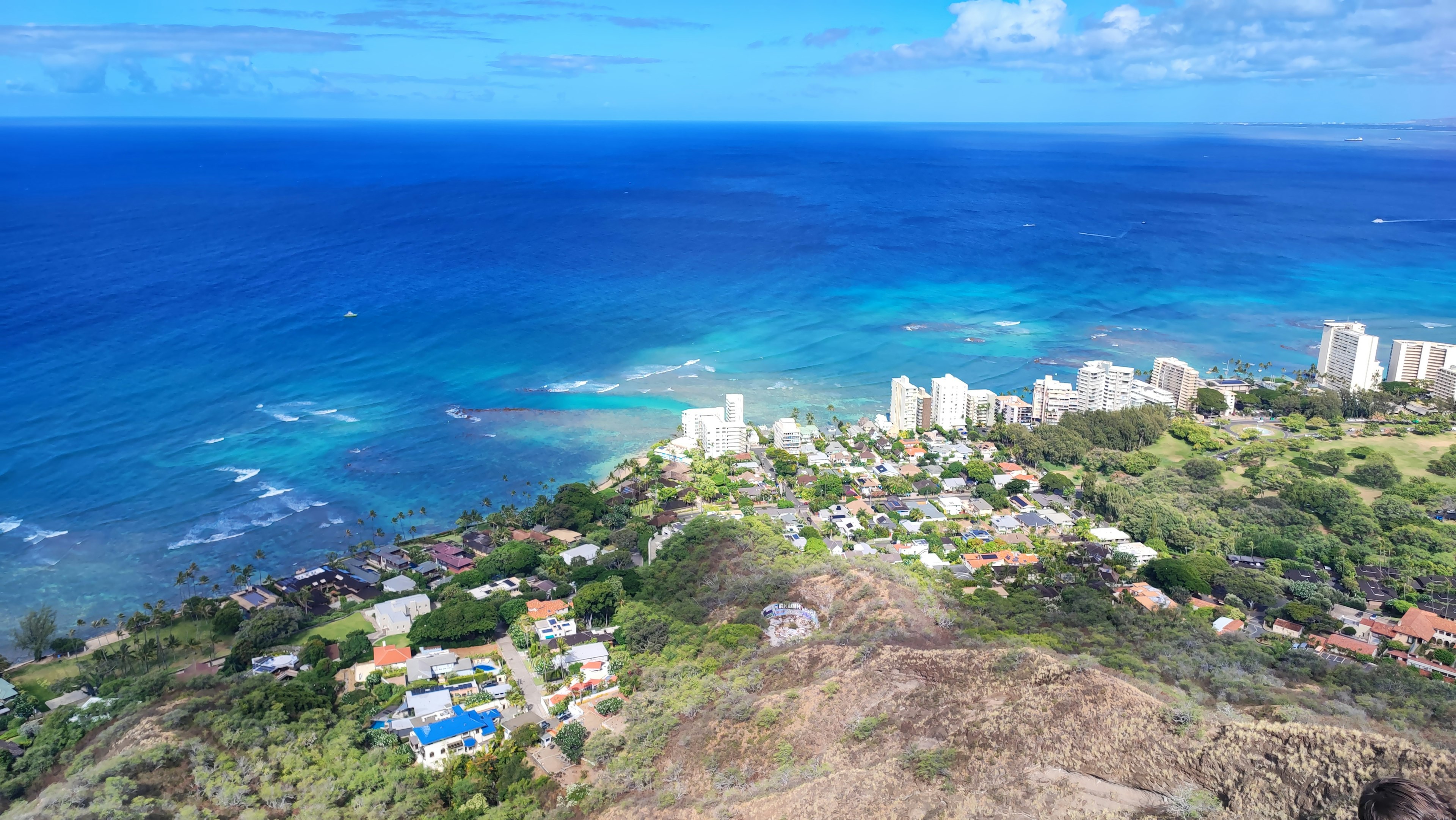 Panoramic view of ocean and city from Diamond Head in Hawaii