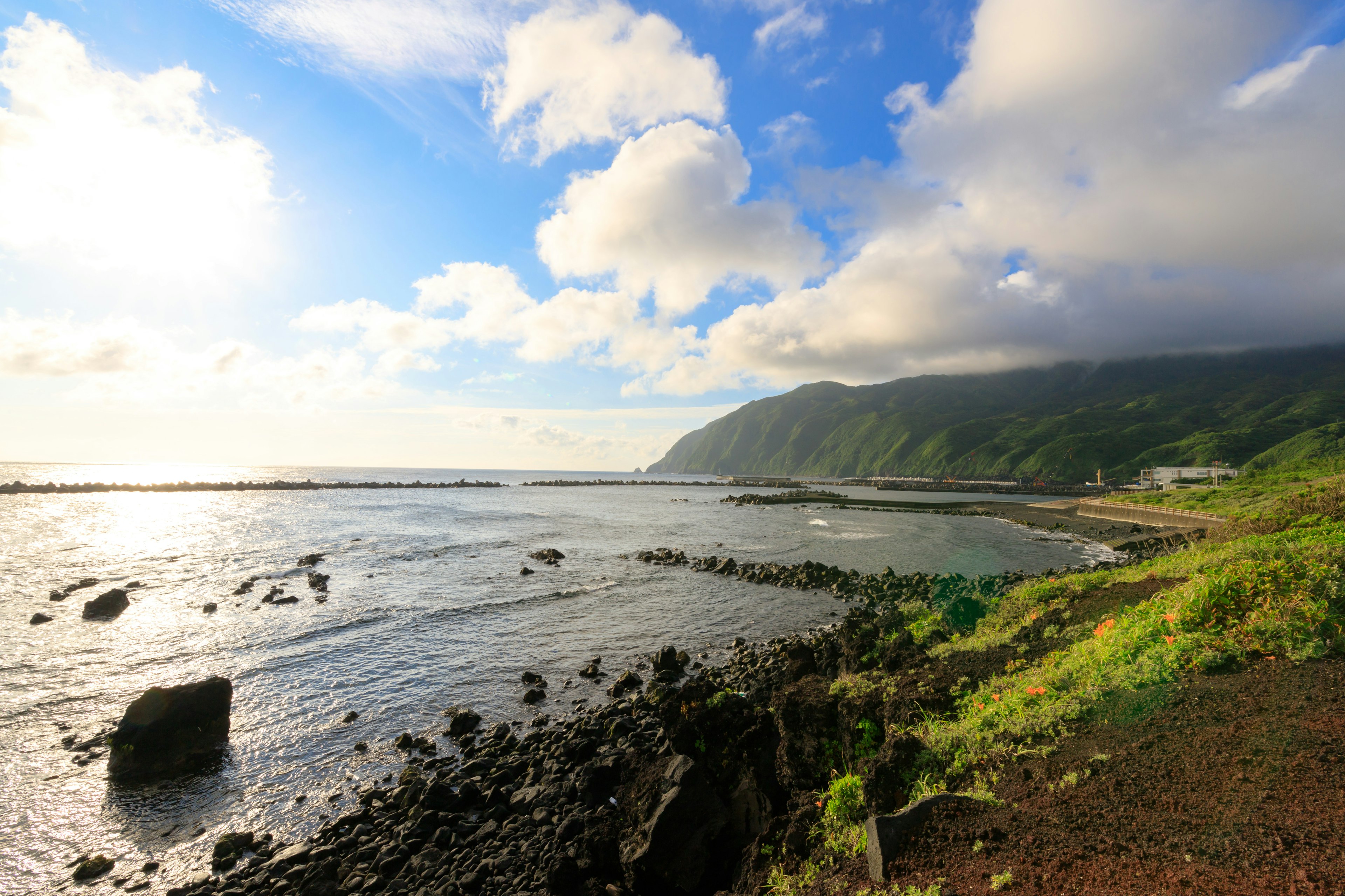 美麗的海岸風景 藍天和雲朵 岩石海岸和綠色草地