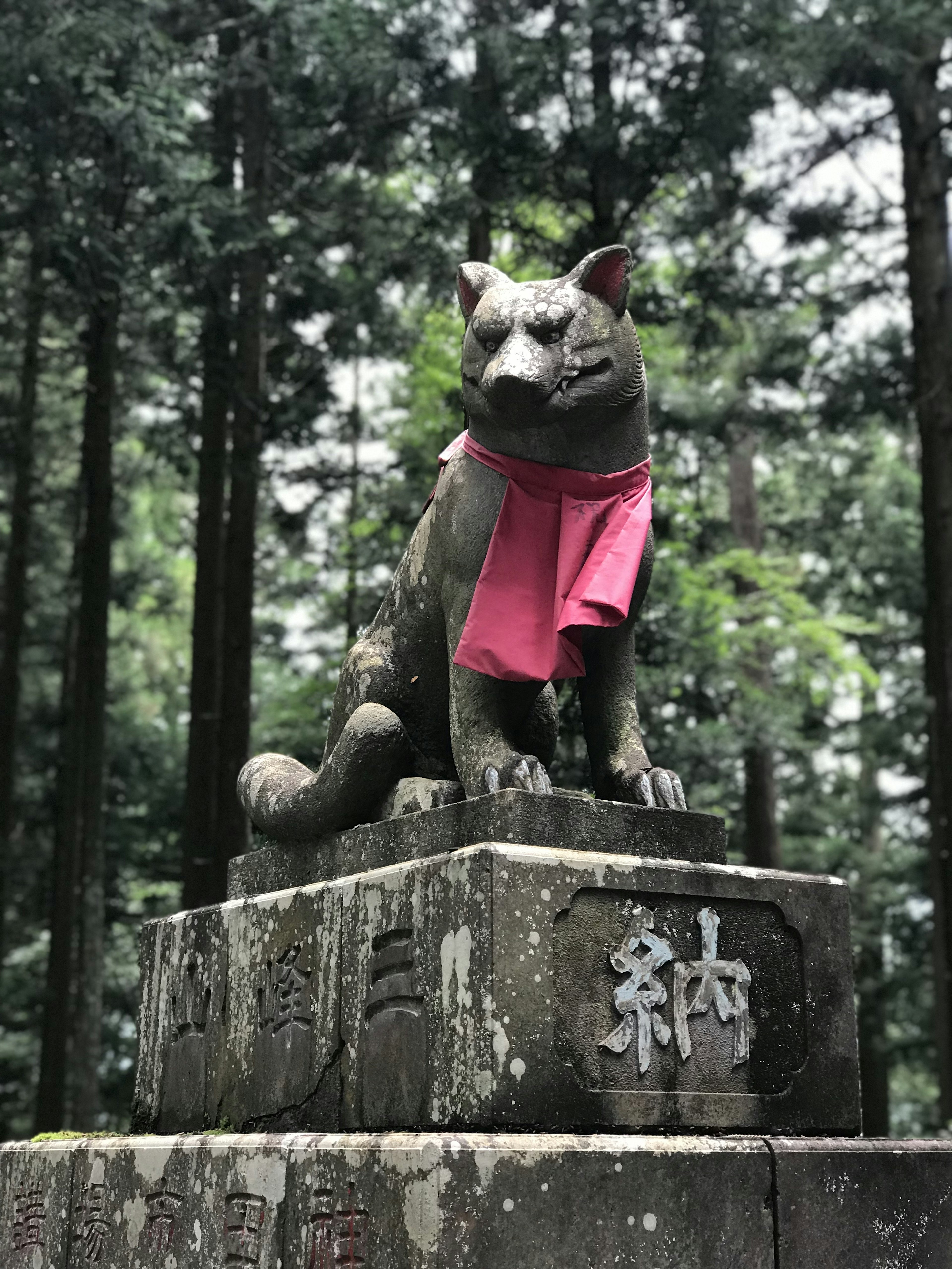 Eine Statue eines Fuchses, der ein pinkes Tuch trägt, steht in einem Wald