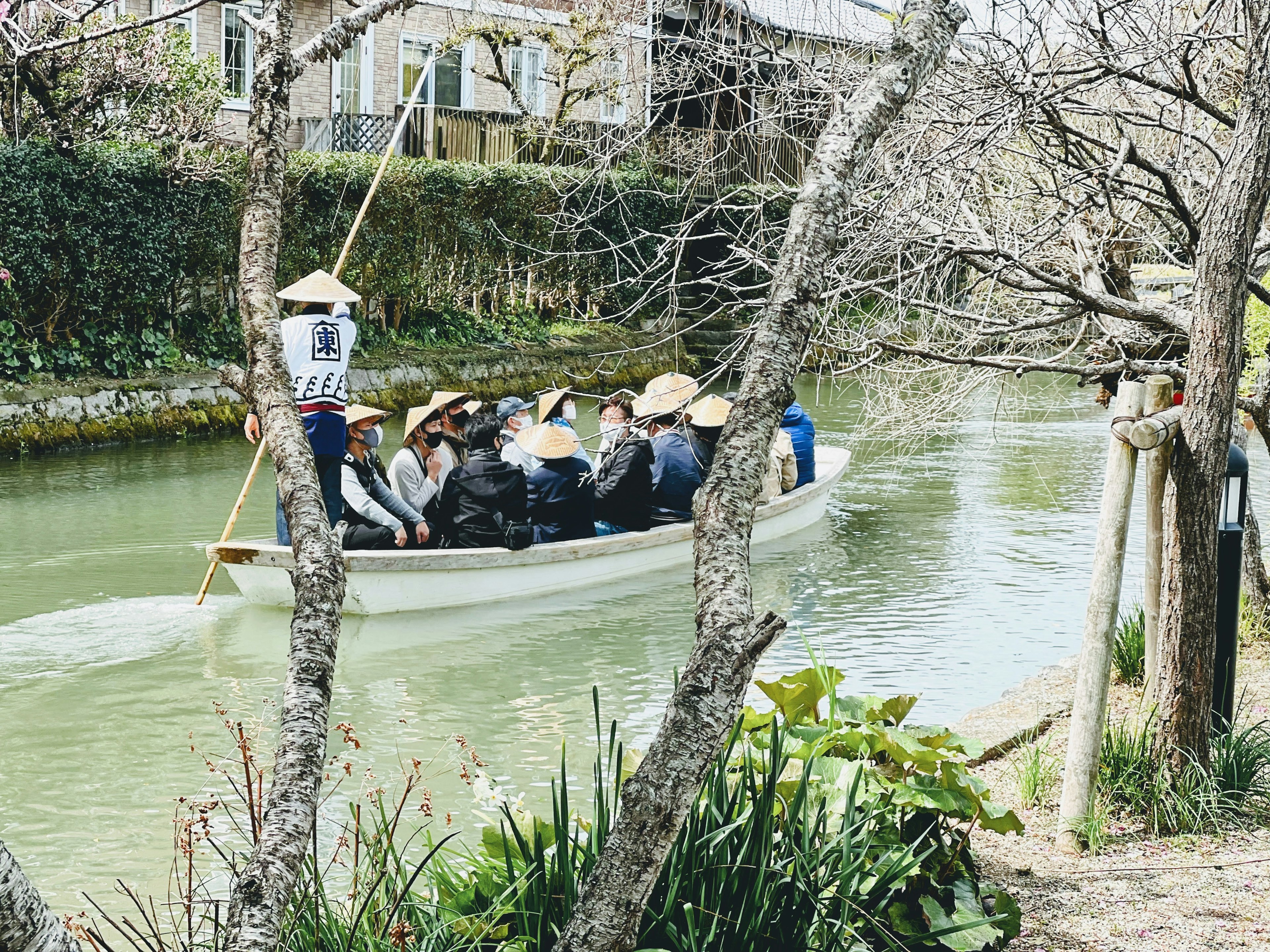 遊客在船上沿著河流划船，周圍是樹木