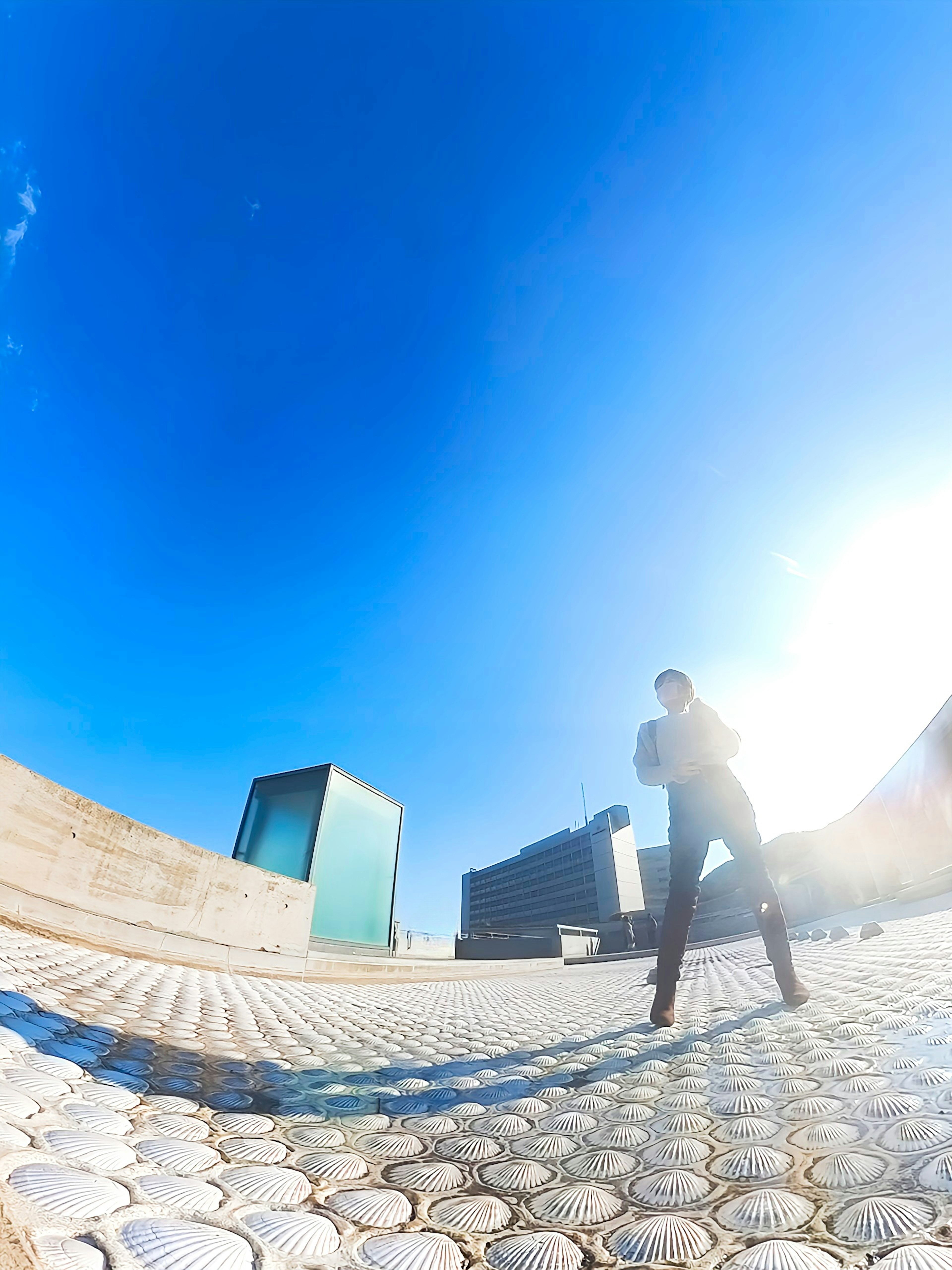 Persona posando bajo un cielo azul con siluetas de edificios modernos