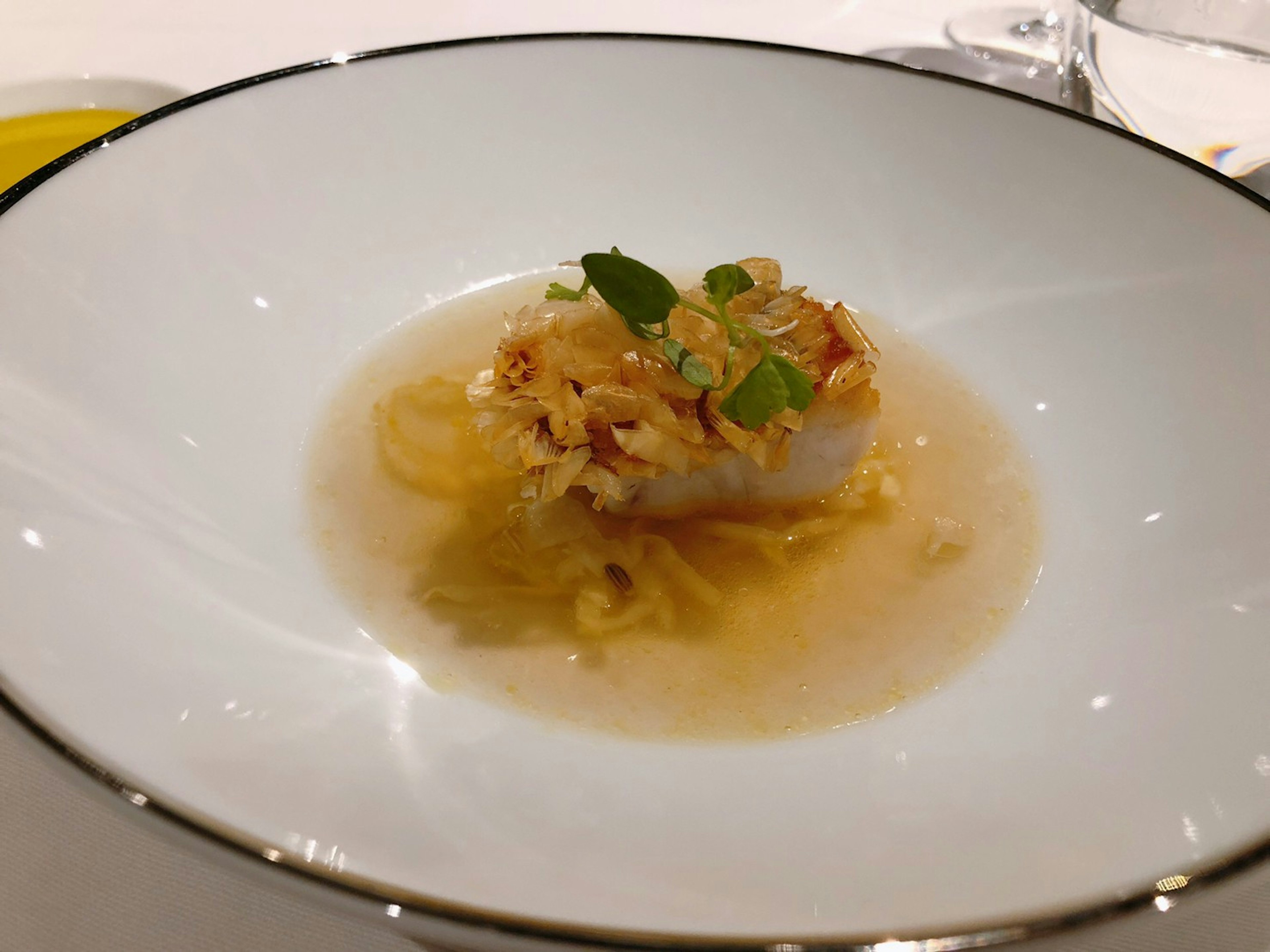 Elegant plate featuring fish dish garnished with herbs