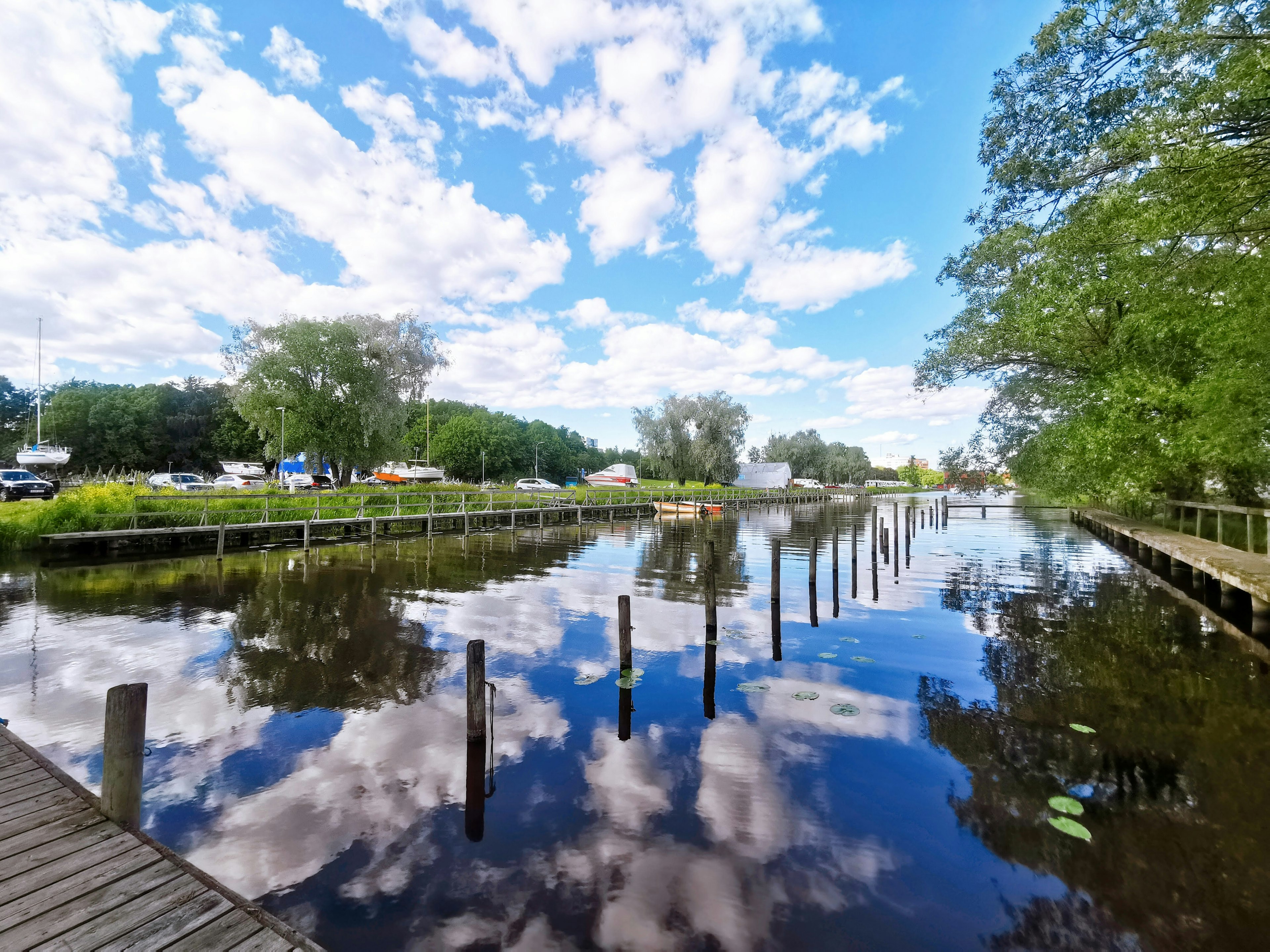 Paisaje sereno con reflejos de nubes y vegetación en agua tranquila