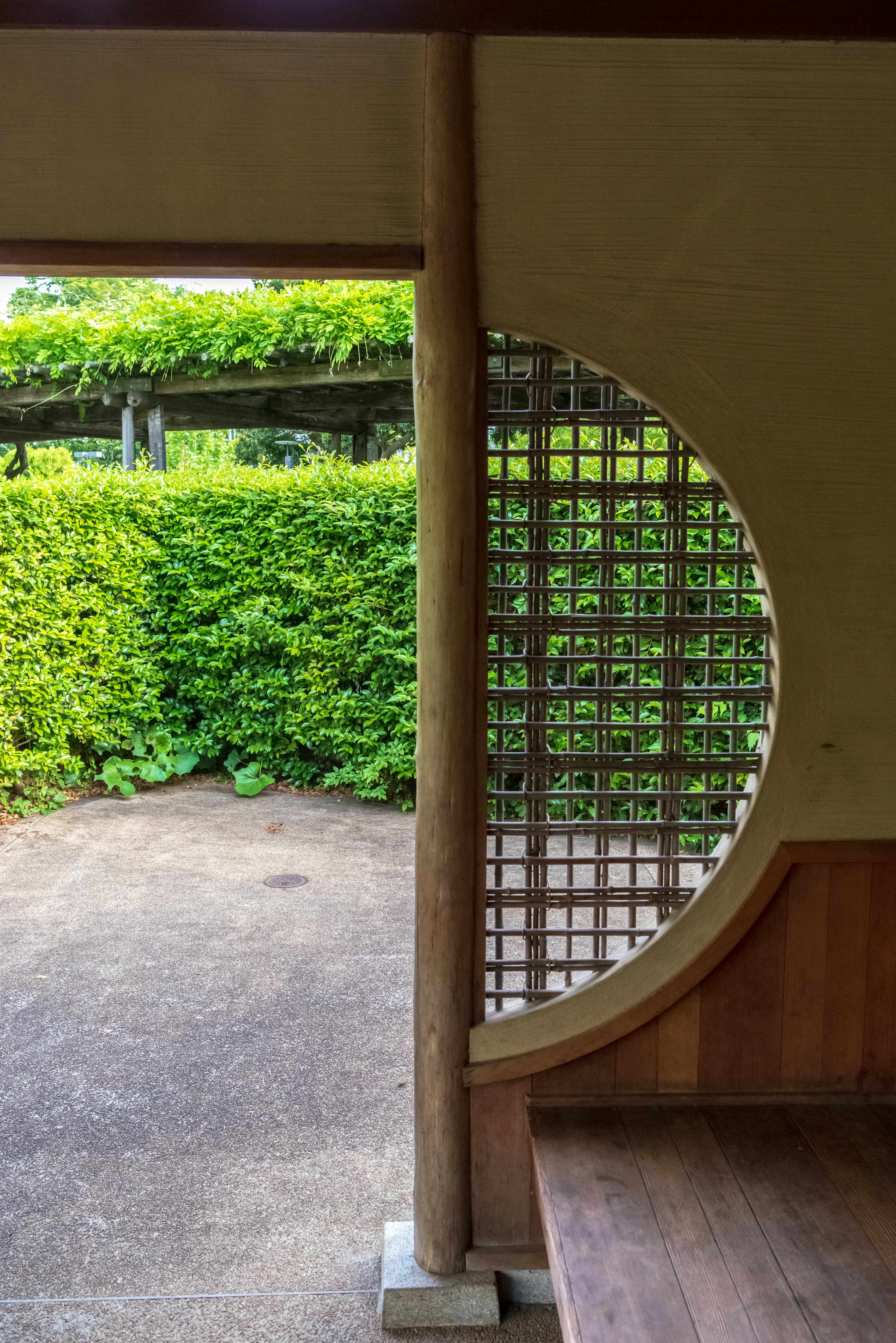 Vista dalla finestra circolare su un giardino lussureggiante e una struttura in legno