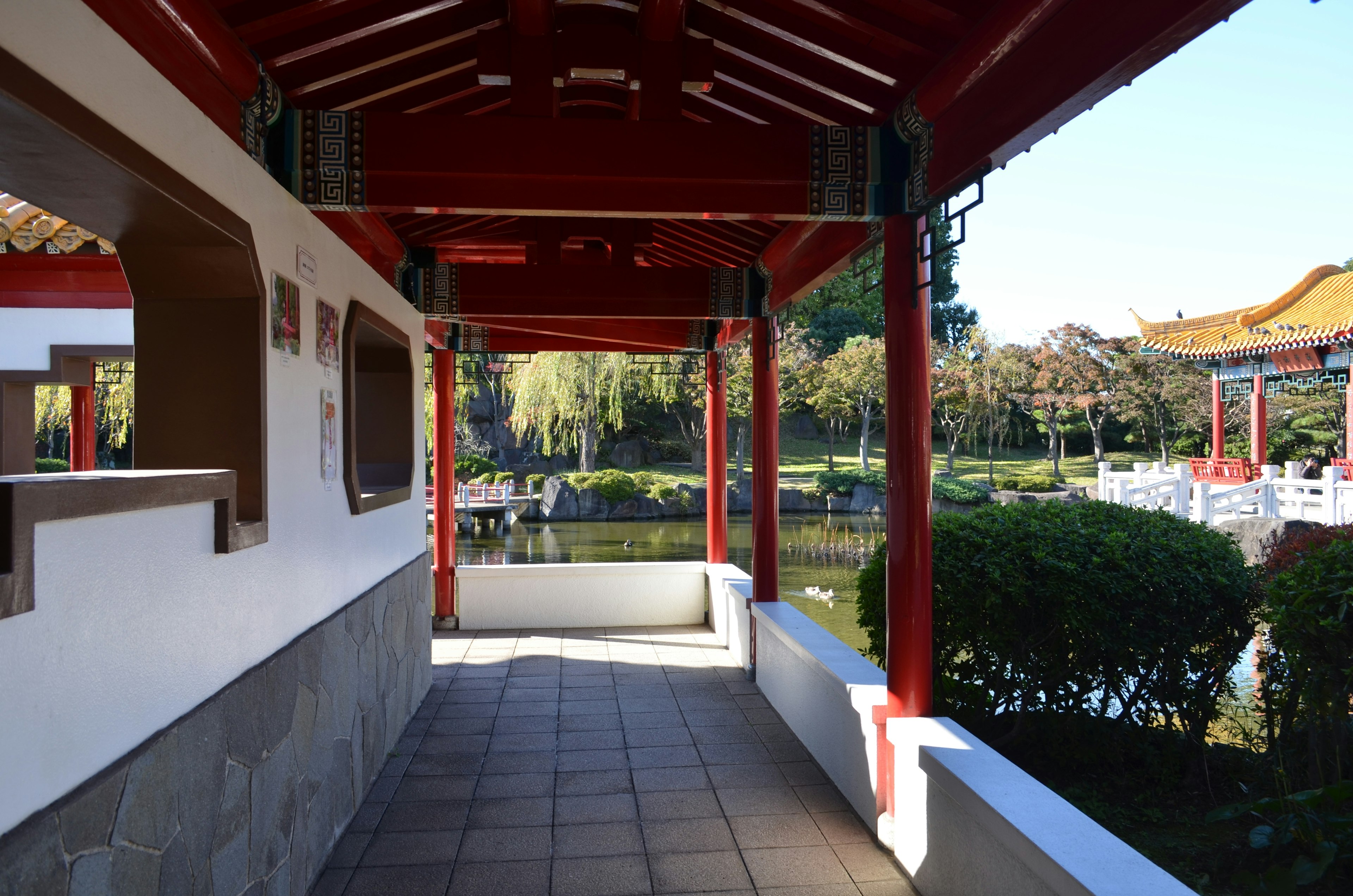 赤い屋根の伝統的な建物の通路と庭の景色