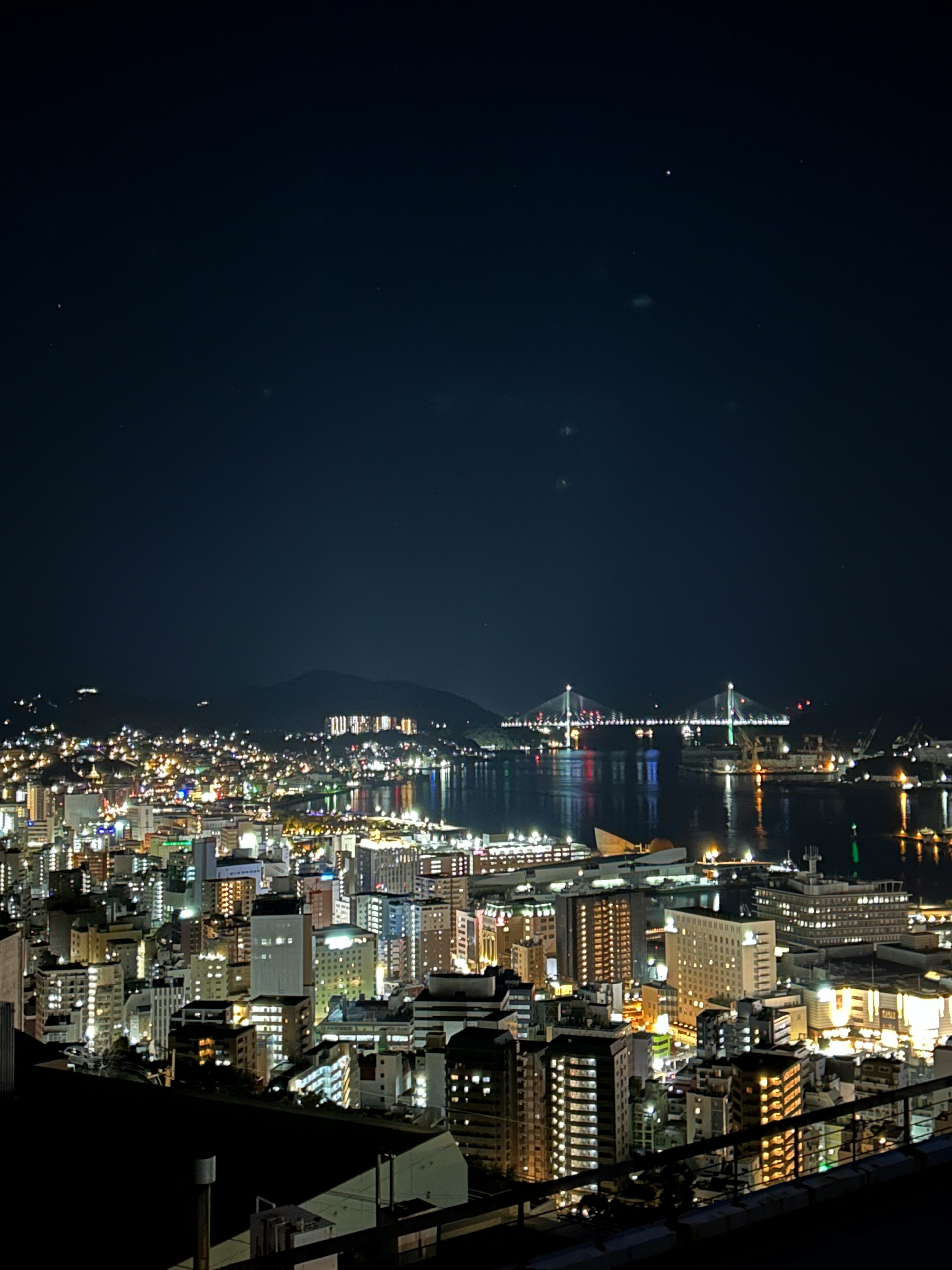 夜景の都市と海の光景明るいビル群と橋が見える