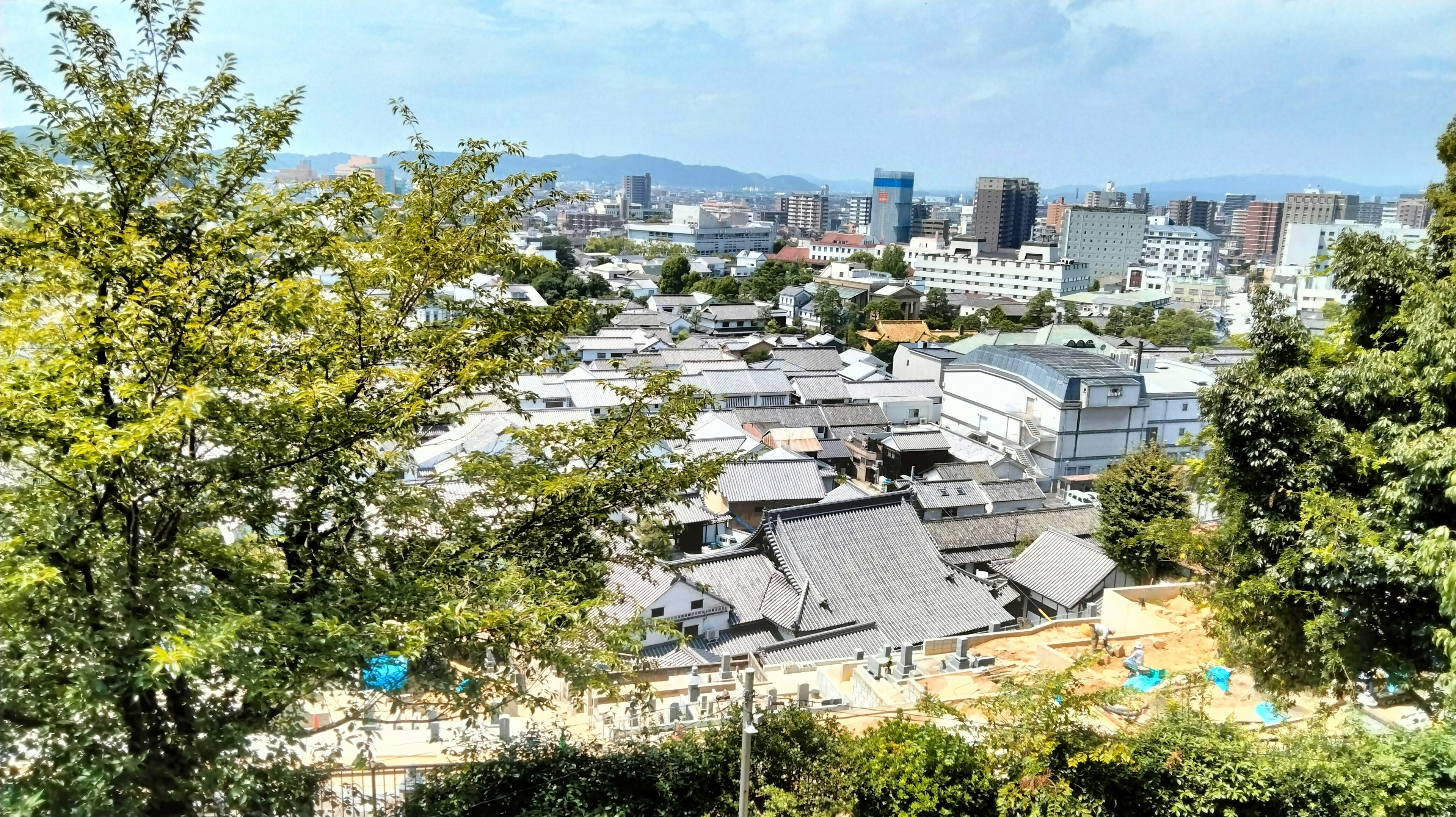 Urban landscape featuring traditional houses surrounded by greenery