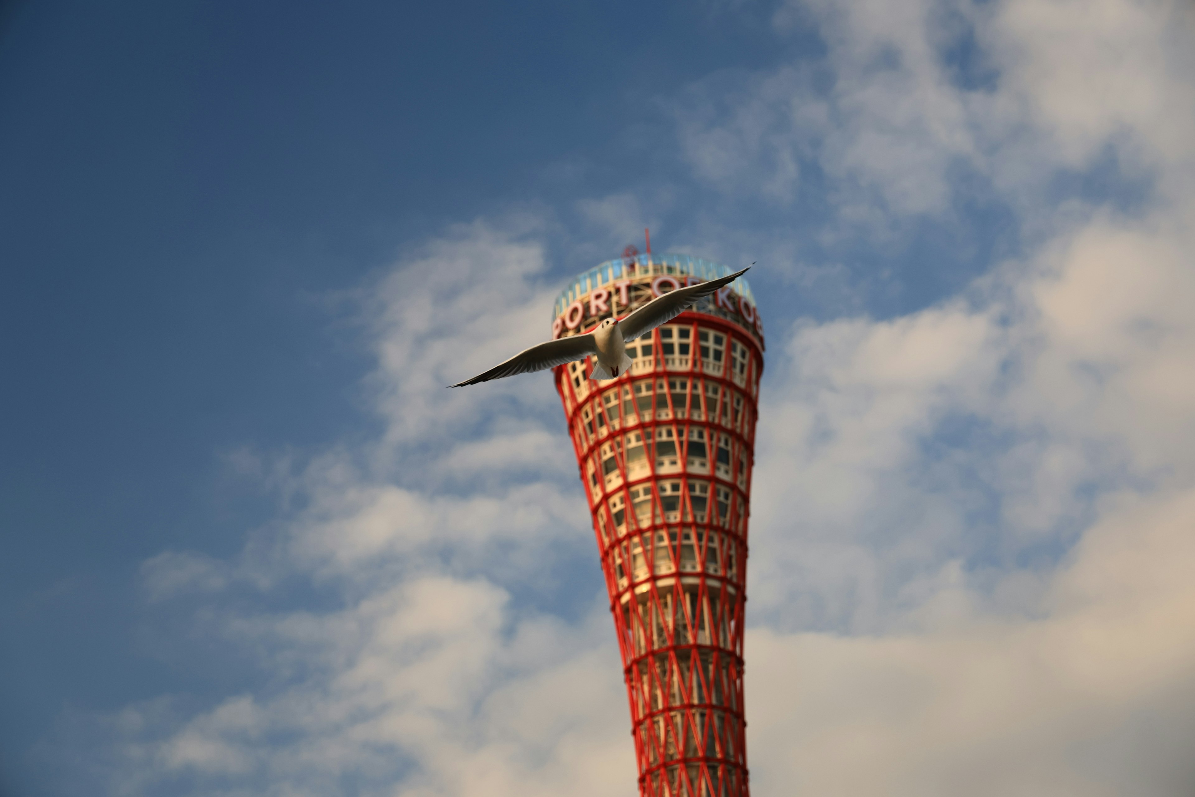 神戸ポートタワーの特徴的なデザインと青空の背景