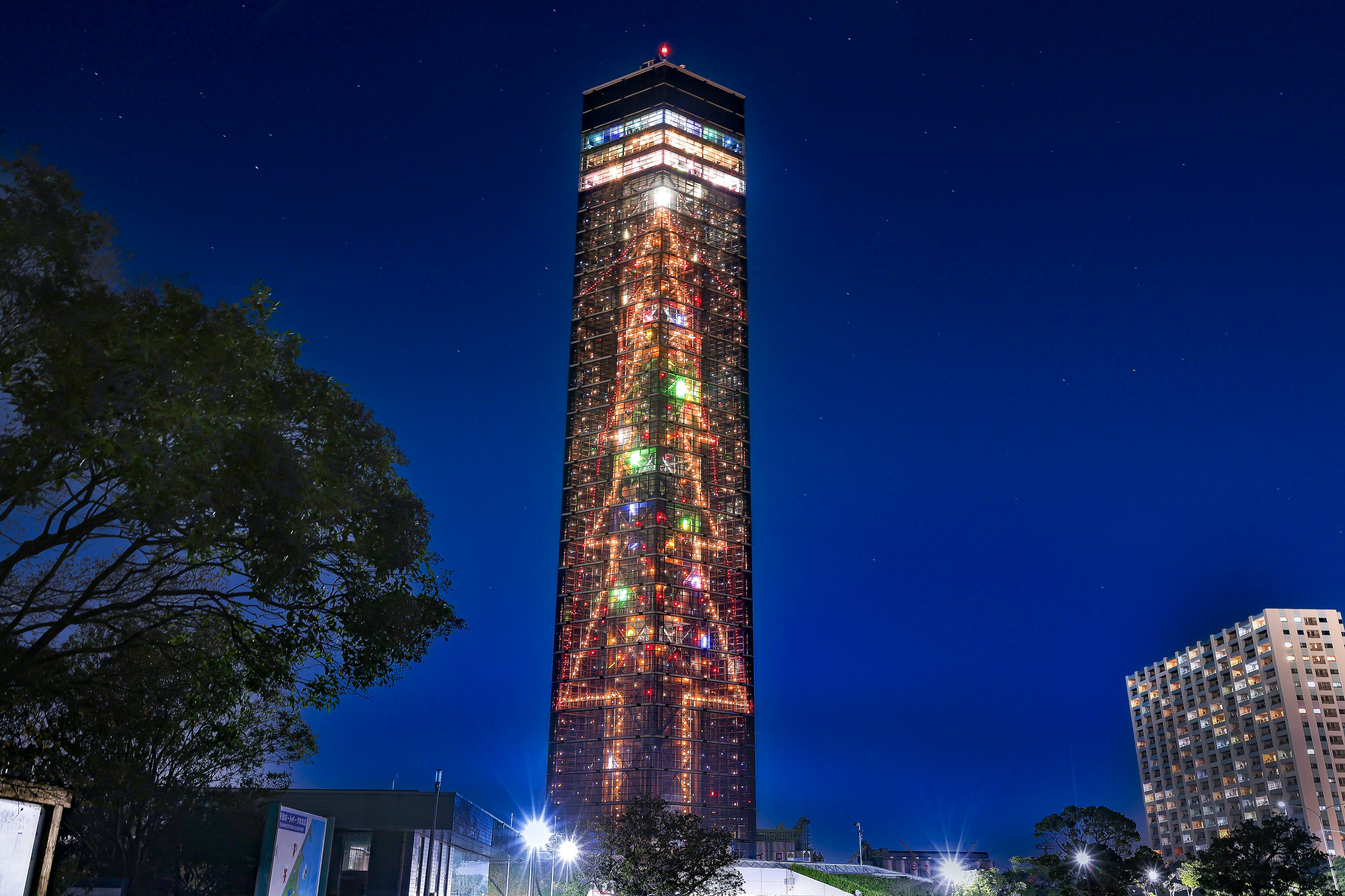 A skyscraper illuminated with Christmas tree decorations against a night sky